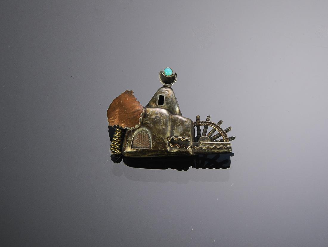 Middle Eastern Silver Architecture Brooch: Sterling with copper and 12K gold wash pin in the form of a building surmounted by a crescent moon with a Persian turquoise bead. Total weight: 10.6 g (0.34 troy oz). Dimensions are: 1 3/4 inches long
