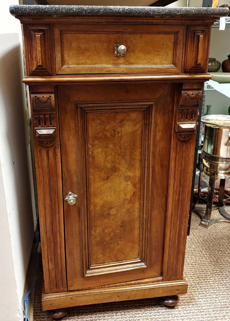 Side Table or Nightstand with Marble Top: Side Table or Nightstand with Marble Top: Side Table has a dark marble top, a small top drawer, and a door that opens up to 2 shelves. Dimensions are: 17 inches long X 16 7/8 inches wide X 33 inches t