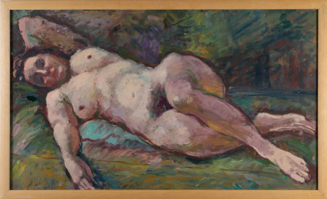Dutch Oil on Board Reclining Nude Painting: Dutch Oil on Board Reclining Nude Painting, 20th century, no visible signature. Dimensions are - framed: 18 inches high X 29 1/4 inches wide X 7/8 inches deep. All measurements are approximate. Condit