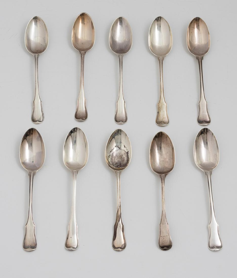 (10) Sterling Dinner Spoons, Chawner & Co, Unicorn: (10) Sterling Dinner Spoons, Chawner & Co, Unicorn: Ten .925 sterling silver dinner spoons with the Cunningham clan crest of a unicorn head on the back of the handle. Includes a) four spoons by London