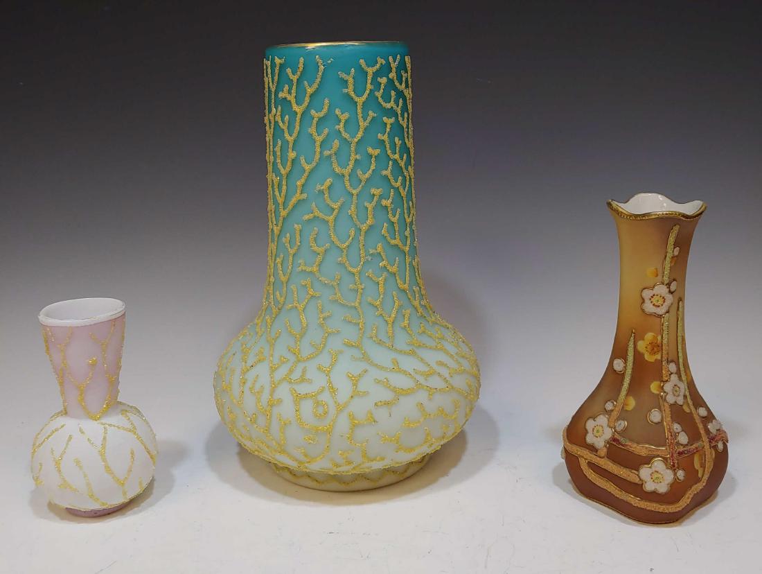 (3) Coralene vases - Nippon Porcelain & Art Glass: (3) Coralene vases - Nippon Porcelain & Art Glass: a) Victorian Mt. Washington or Webb coralene glass vase, ombre blue to white satin glass with applied yellow, beaded seaweed decoration; b) Victorian