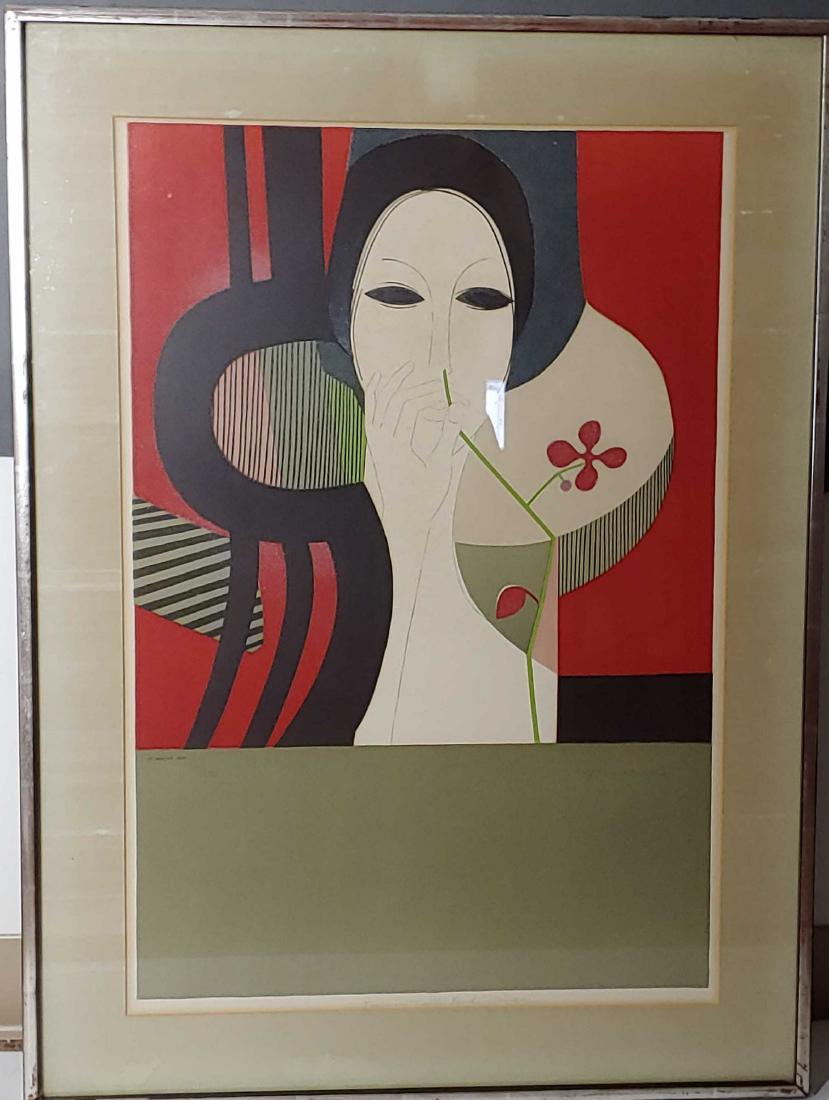 André Minaux Woman with Flower Lithograph: André Minaux (French 1923 - 1986), lithograph on paper depicting a woman with a flower. Signed and numbered in the margins by the artist. Dimensions are: image size - 19 1/2 inches wide X 29 1/4 inch