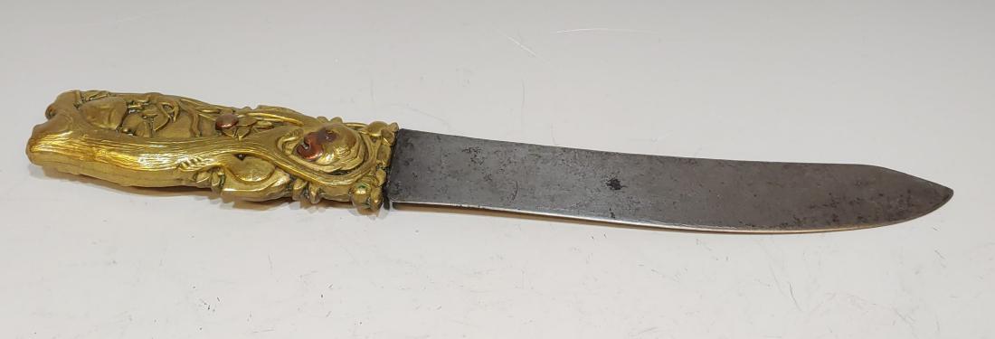 Japanese Mixed Metal Knife Handle Crab & Monkey: Japanese Mixed Metal Knife Handle Crab & Monkey: Handle is made of brass with copper details and blade by James is probably a later addition. The Crab and the Monkey, also known as Monkey-Crab Battle 