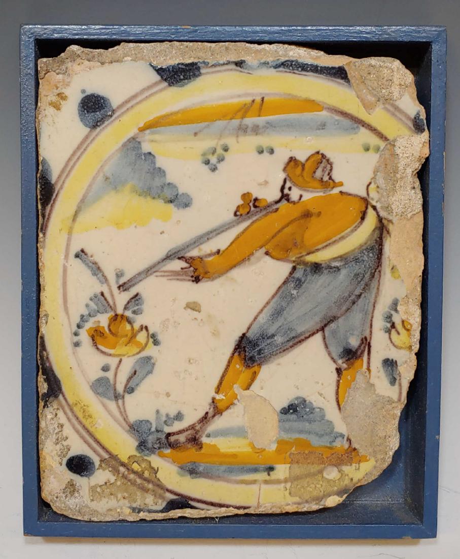17th Century Delft Tile Hunting Scene: 17th Century Delft Tile Hunting Scene: Polychrome 17th Century Dutch Delftware (tin-glazed earthenware) Tile Hunting Scene. Tile is glazed in blue, orange, and yellow on white. Dimensions are: 5 1/4 i