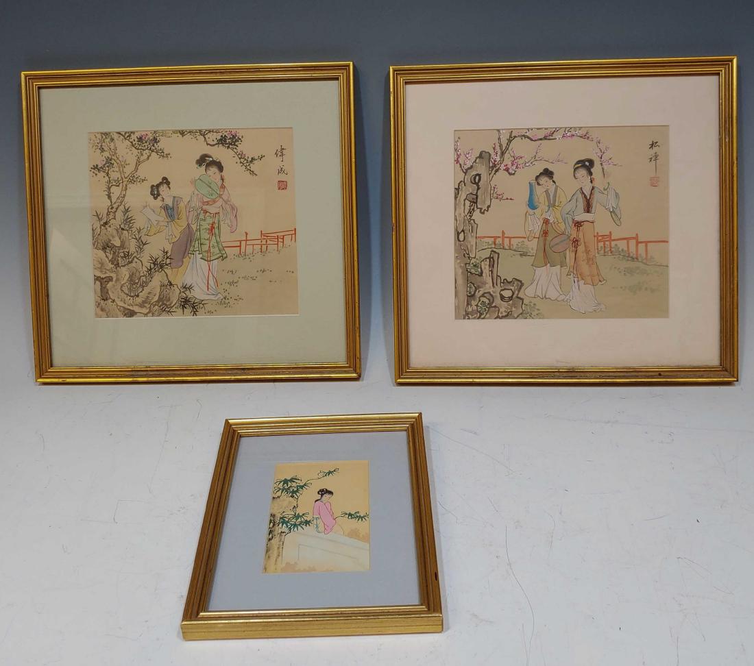(3) Chinese Watercolor Painting Bijin / Ladies: (3) Chinese watercolor paintings, two on paper and one on silk, depicting bijin or beautiful women at leisure, by artists including Song Chang and Wei Chang. 20th century. Dimensions are: largest - 12