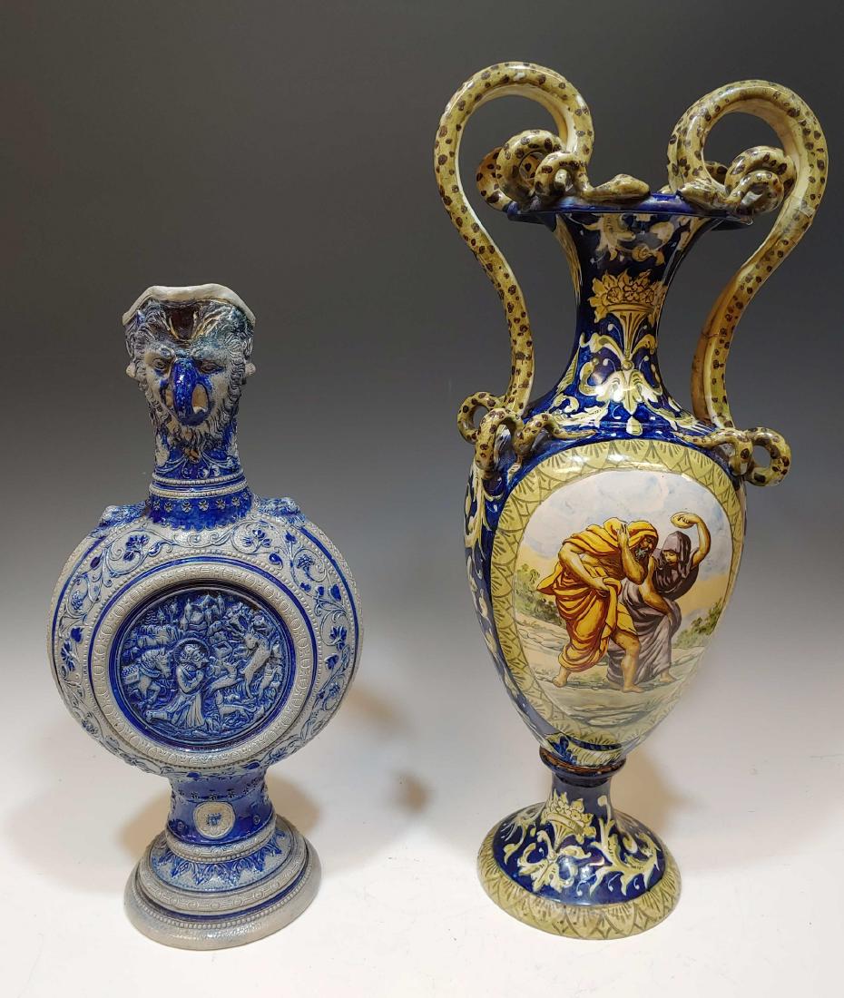 (2) Italian Vase with Snakes & German Bird Ewer: (2) Italian Vase with Snakes & German Bird Ewer: Includes a Deruta-style double-handled vase with a roundel scene of Adam & Eve and a German blue and grey salt glaze ewer with a bird or griffin form f