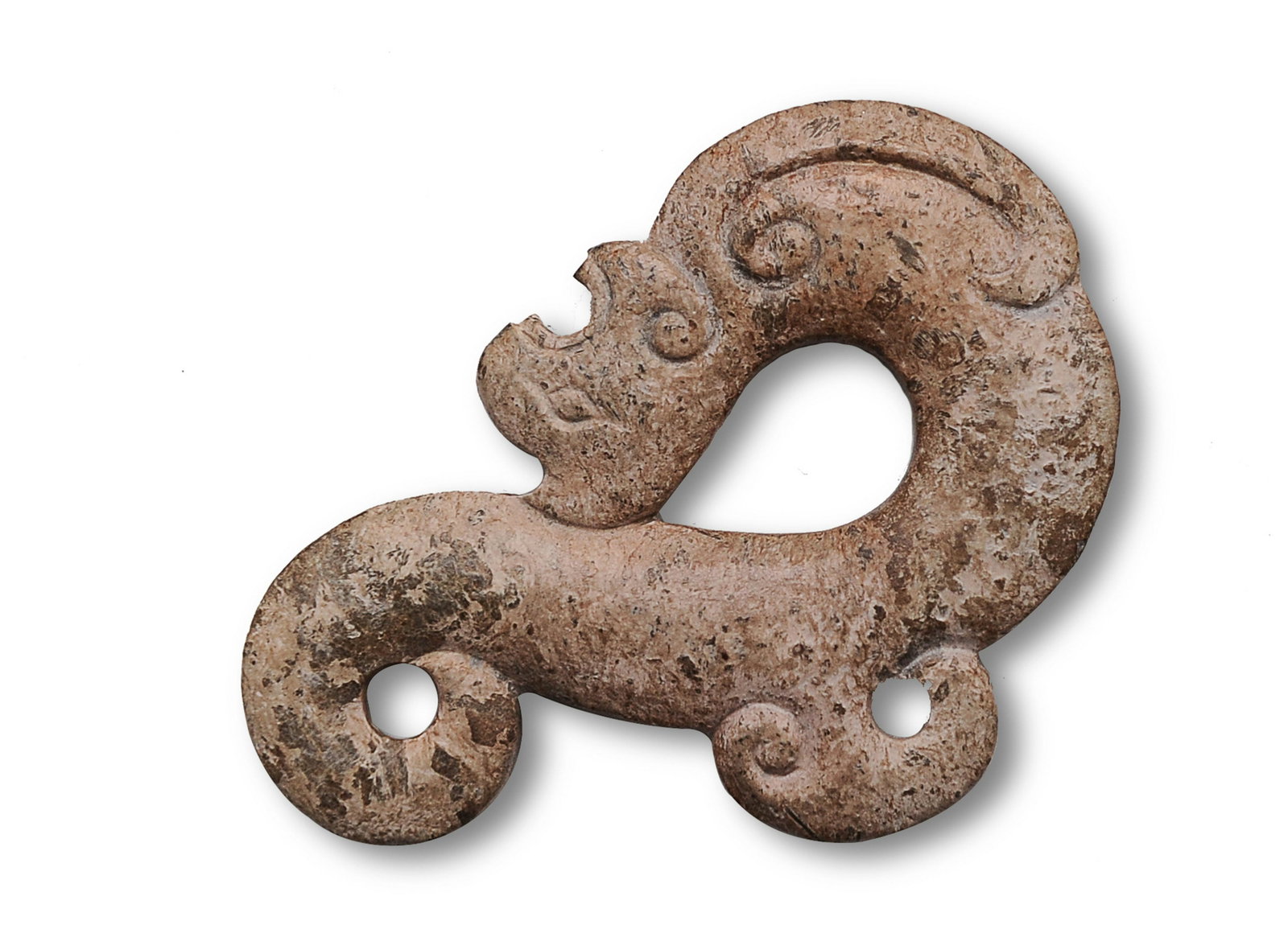 Chinese Jade Dragon Toggle, Han Dynasty: 漢代 玉土沁色龍型佩 A Chinese mythical beast jade toggle dating from the Han dynasty. Dimensions are: 2 1/4 inches tall X 1 1/2 inches wide. All m