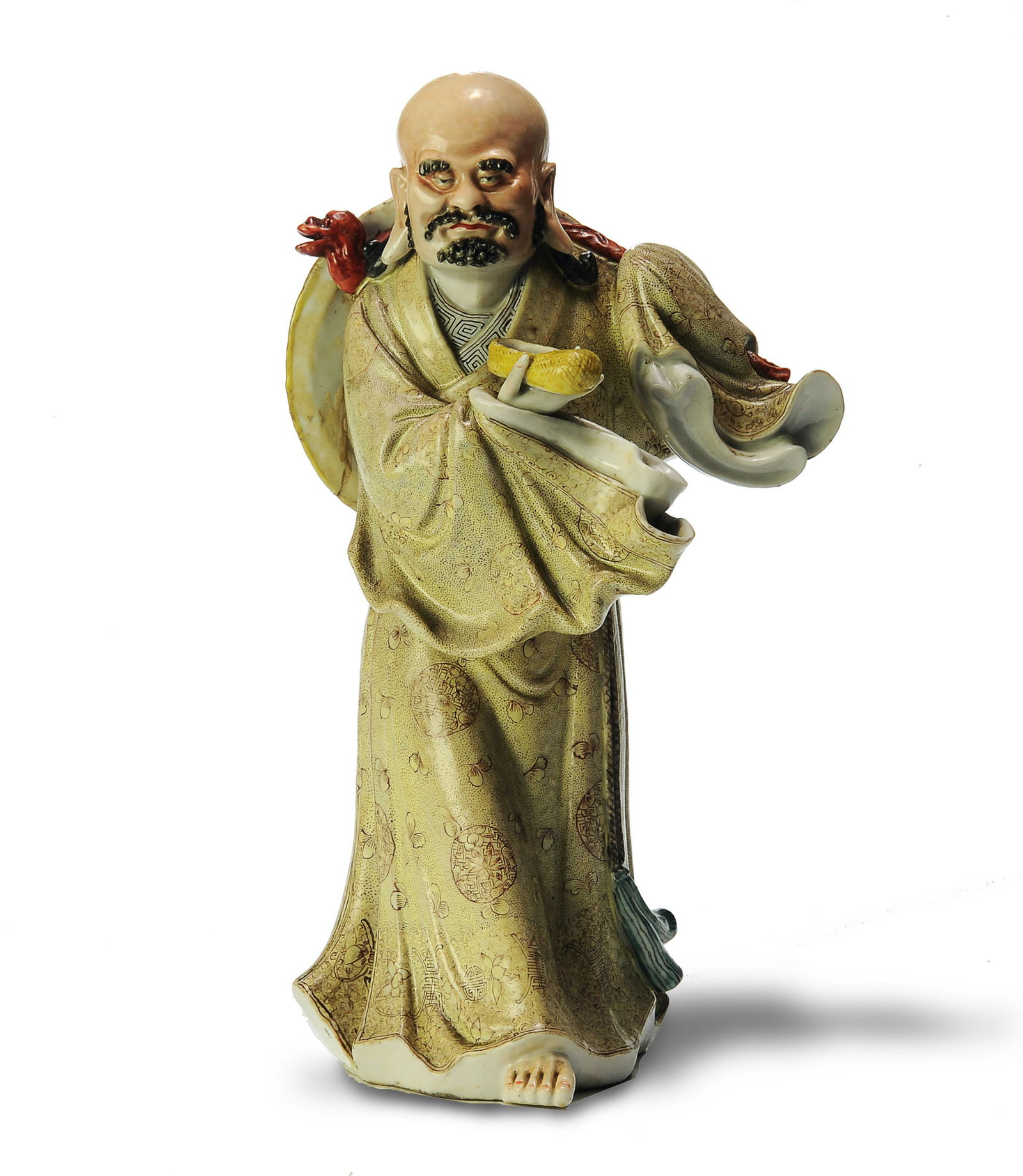 Chinese Famille Rose Statue of Luohan, Wei Hongtai: A Chinese famille rose statue of a Luohan holding a show, staff, and carrying a hat on his back by Wei Hongtai. Dimensions are: 11 3/4 inches tall X 6 1/2 inches wide. All measurements are approximate