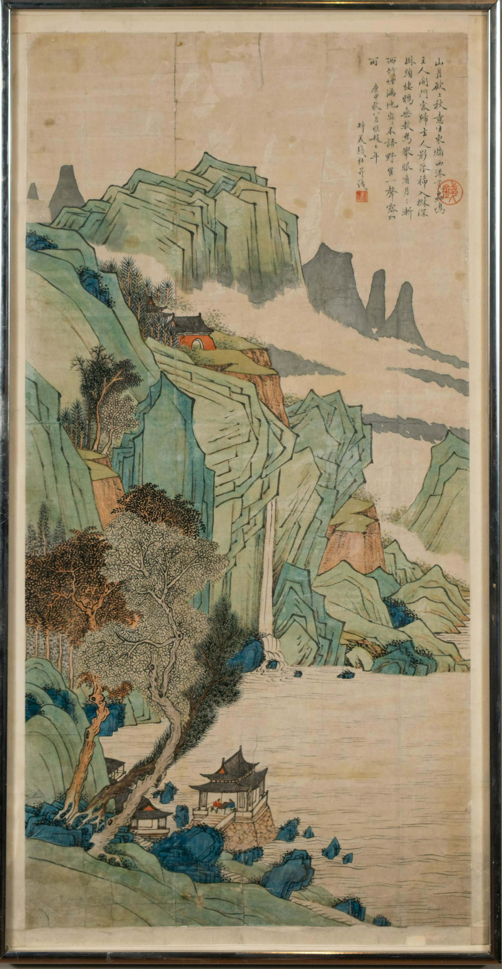 Chinese Landscape Painting, Attributed to Qian Du: 錢杜 青綠山水鏡片 A framed Chinese landscape painting with 2 figures by a waterfall in the mountains attributed to Qian Du. The painting has 2 seals and