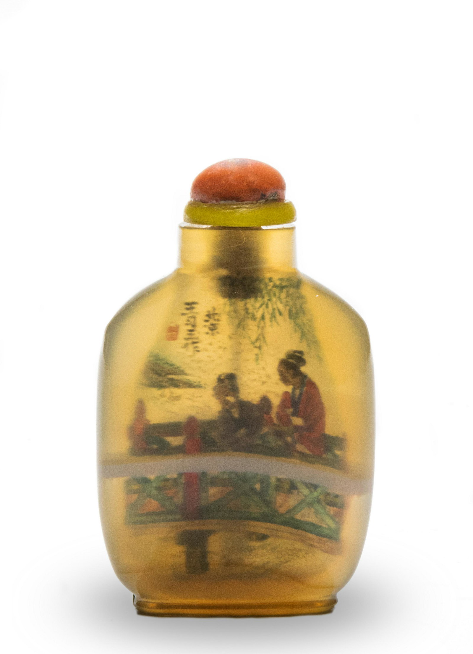 Agate Inside-Painted Snuff Bottle by Wang Xisan: A Chinese interior painted agate snuff bottle with a coral stopper, cork, and spoon. There is a 3-character mark and one seal on the side with two women on a bridge. The other side has two ducks. Dime