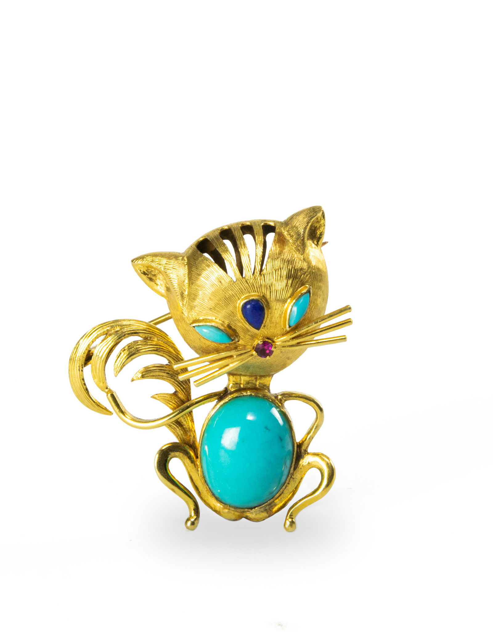 Chinese Cat 14K Brooch with Turquoise (1 of 3)