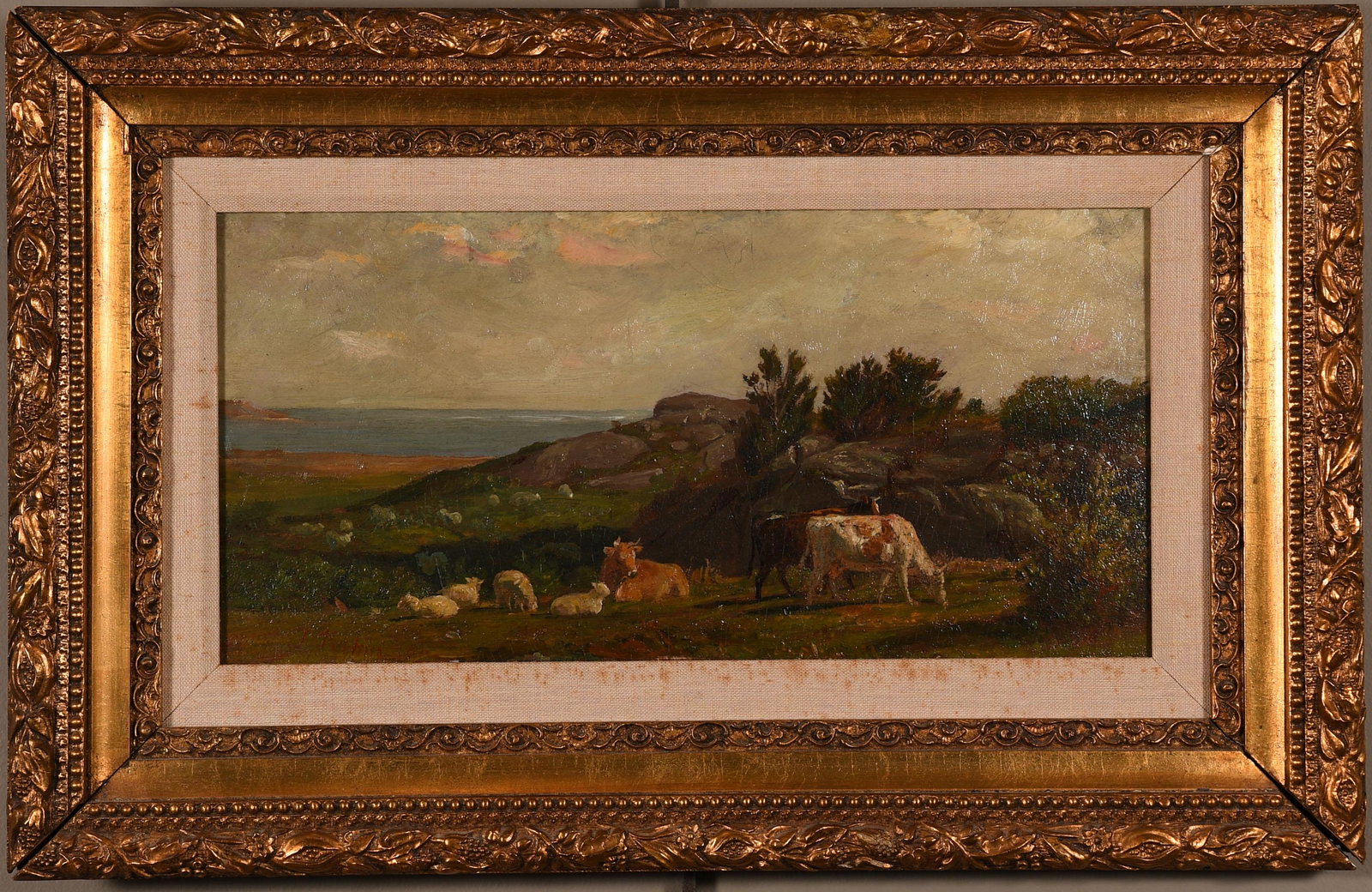 Thomas H Robinson Oil on Canvas Maine Pasture: Thomas Harris Robinson (American, 1834 - 1888), oil on board painting, "Maine Pasture," 2nd half of 19th century, depicting cows and sheep grazing in a pasture with the sea in the background. Signed o