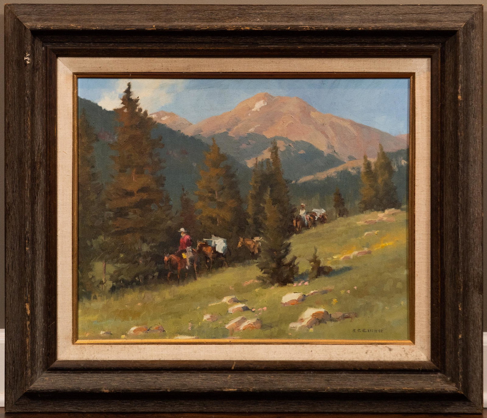 Steve Elliott Western Landscape w/ Mounted Riders: Stephen Elliott (American, b. 1943), acrylic on canvas painting of a wooded mountain range with mounted riders, 20th century. Signed SC Elliot at the lower right corner. Dimensions are: canvas - 20 in