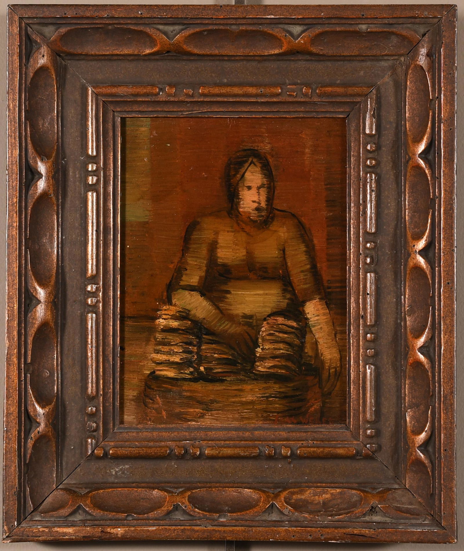 Max Weber Figurative Oil Painting: Max Weber (American, 1881- 1961) oil on panel titled, "The Pretzel Seller," in the style of cubism, signed by the artist in the lower right corner. Dimensions are: including frame - 12 7/8 inches tall