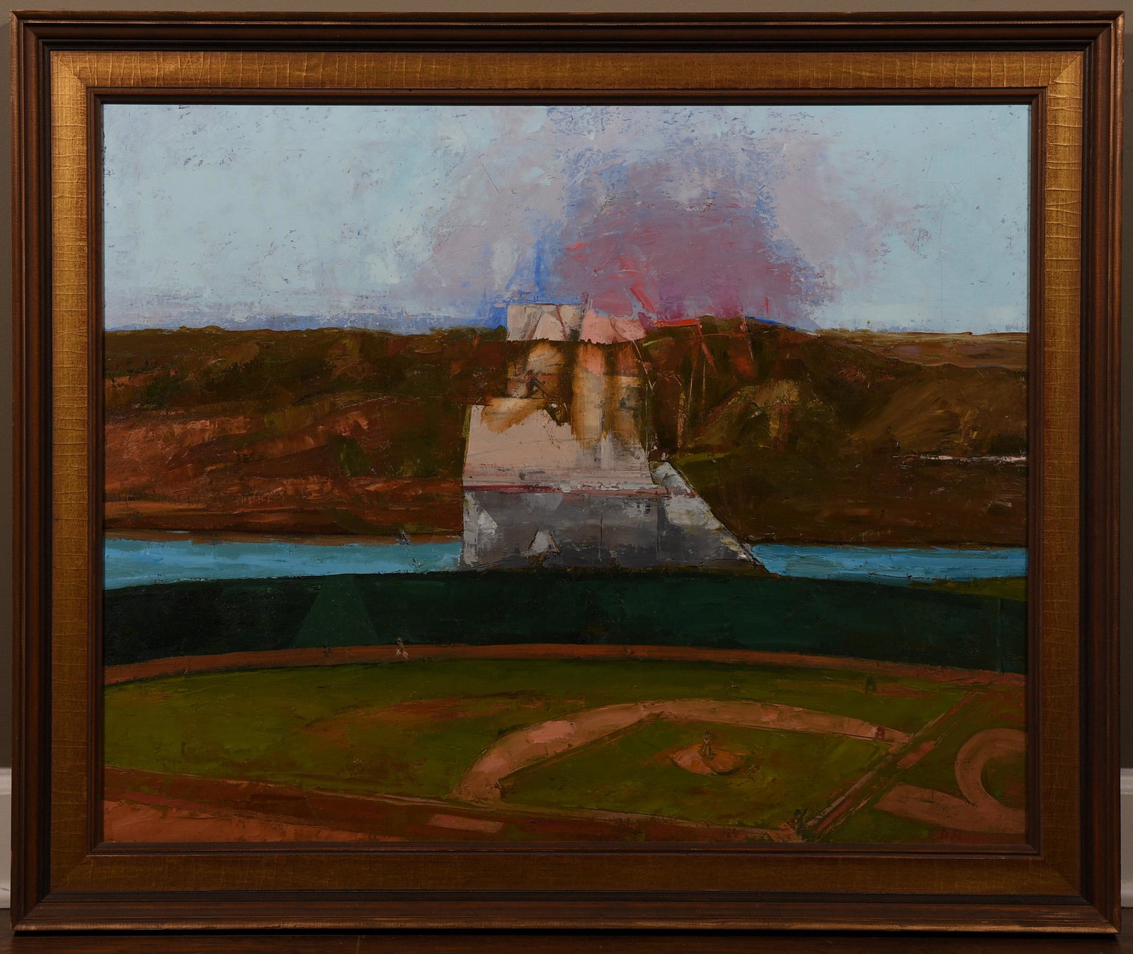 Dean Richardson Oil/Canvas Baseball Field: Dean Richardson (American, b. 1931) oil on canvas, painting of a baseball field with baseball players. It is initialed "DR" in the bottom right corner. Dimensions are: with frame - 34 5/8 inches wide