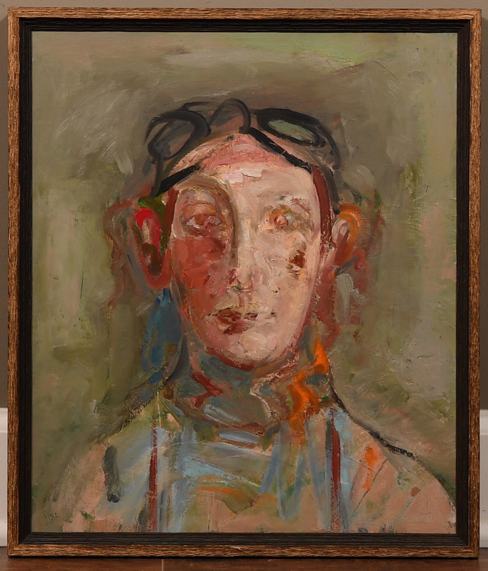 Dean Richardson Oil/Canvas Untitled Flyer: Dean Richardson (American, b. 1931), oil on canvas, untitled painting of a flyer, 20th century. The painting depicts a man with aviator pilot goggles on his head. Signed and dated 1980 on the stretche