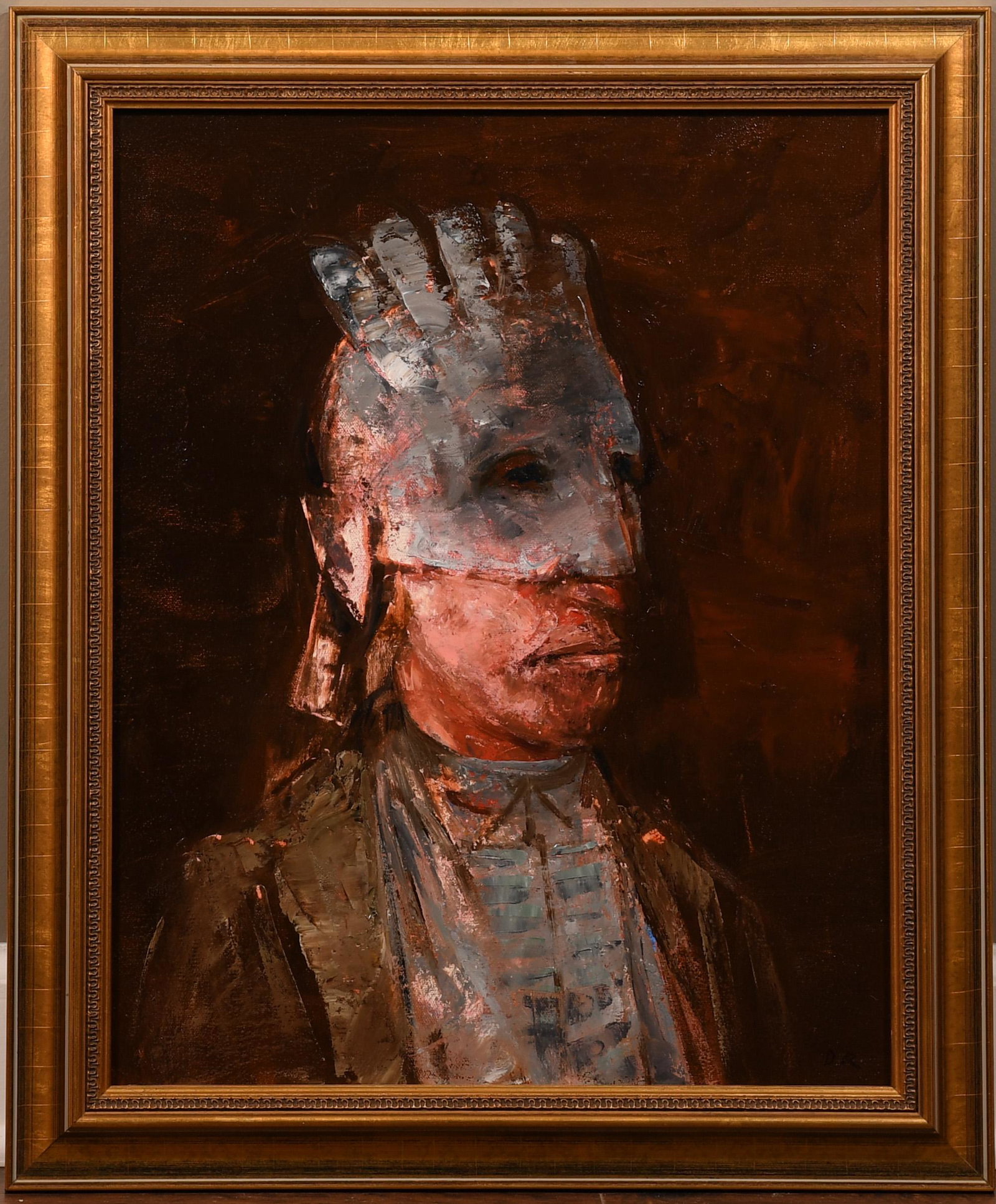 Dean Richardson Oil/Canvas Warrior Series: Dean Richardson (American, b. 1931), oil on canvas, painting from the artist's Warrior Series. Signed on verso and dated 1989. Portrait of a Native American warrior wearing a mask and initialed "DR" o