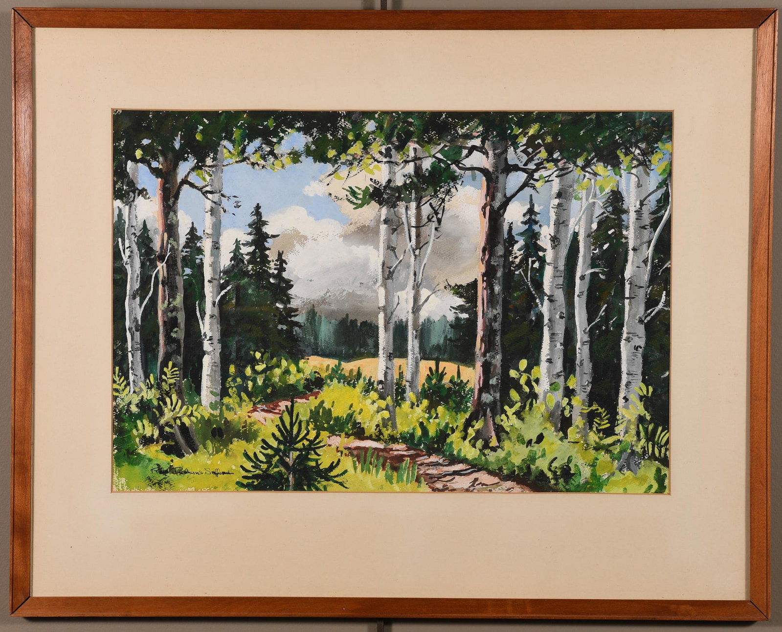 Ruth Perkins Safford Acrylic/Paper The Woods: Ruth Perkins Safford (American, 1892 - 1979), acrylic on paper painting titled "The Woods," signed by the artist in the lower left corner, depicting a landscape of trees. Dimensions are: with frame - 
