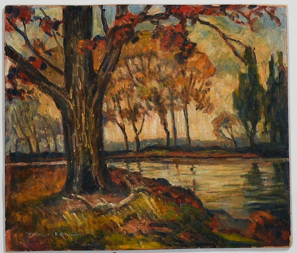 Francis F. Brown Oil/Board Landscape Painting: Francis Focer Brown (American, 1891â€“1971), oil on board painting depicting an impressionist landscape with a tree and body of water, circa 1920, signed on the face, "Francis F. Brown" and on ve