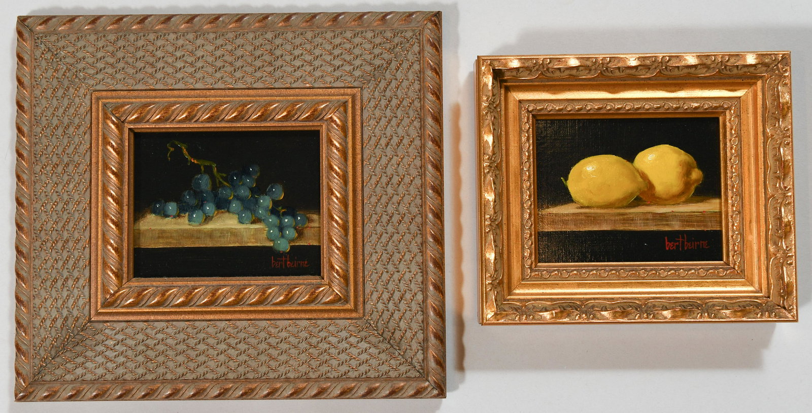Bert Beirne Oil/Board Still Life Lemons & Grapes: Pair of miniature still life paintings by Bert Beirne (American, 20th/21st century): a) Two Lemons, oil on board, late 20th-early 21st century, artist signature in lower right corner; b) Blue Grapes, 