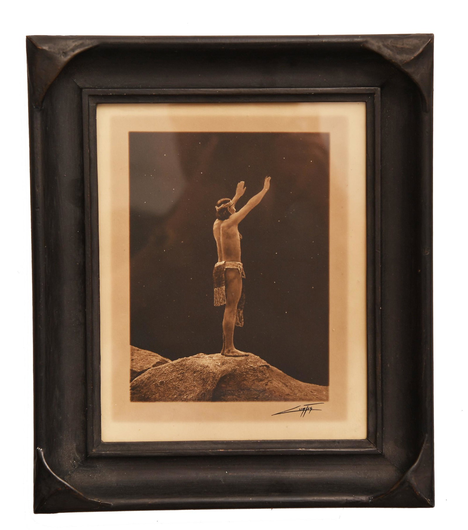 Edward S. Curtis Original Vellum Photogravure: Edward Sheriff Curtis (1868 - 1952, American) vellum photogravure titled 'Prayer to the Stars,' circa 1908. In original frame. Signed by Curtis in the margin. Dimensions are: with frame - 11 1/4 inche