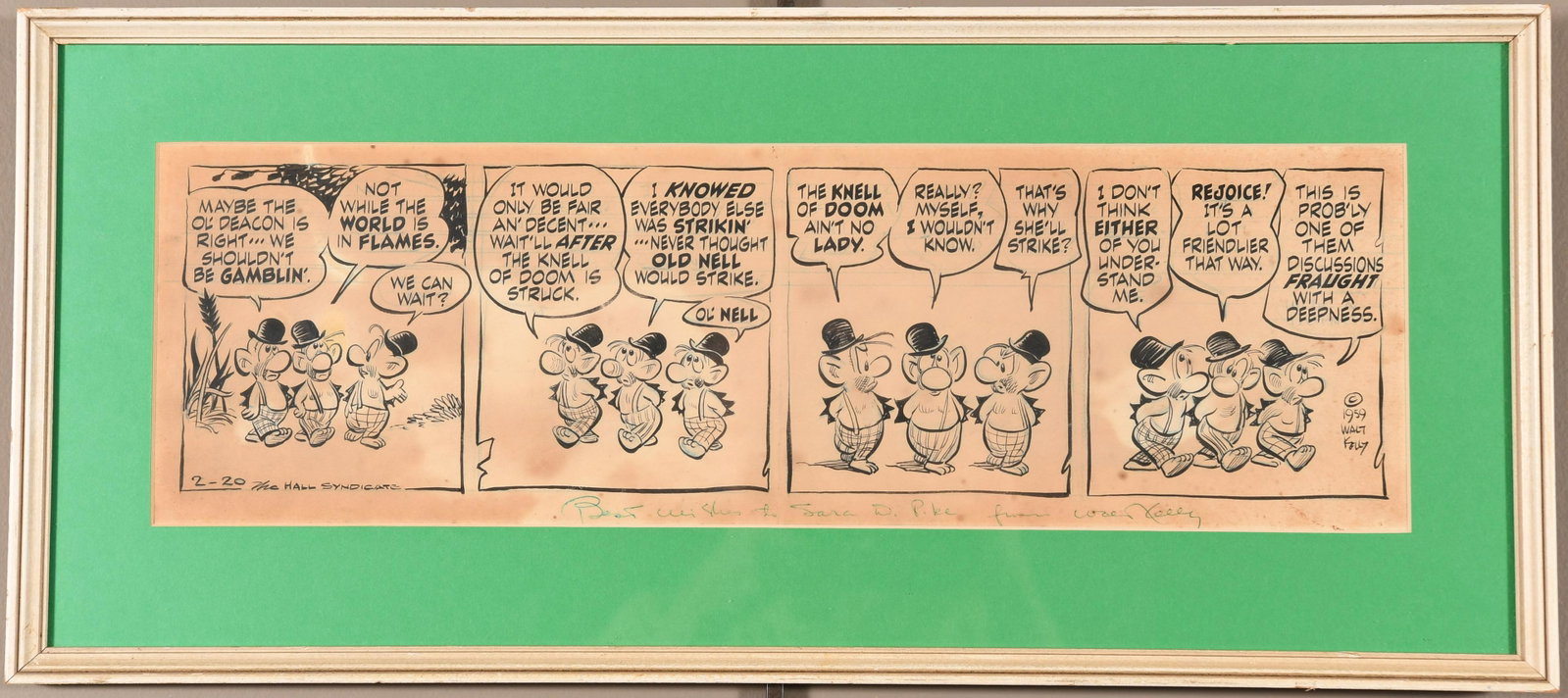 Walt Kelly Political Satire Cartoon 1959: Walt Kelly (American, 1913 - 1973), four-panel ink and non-photo blue on paper cartoon depicting a satirical commentary about politics, 1959. Signed, dated and dedicated by the artist on the face. Kel