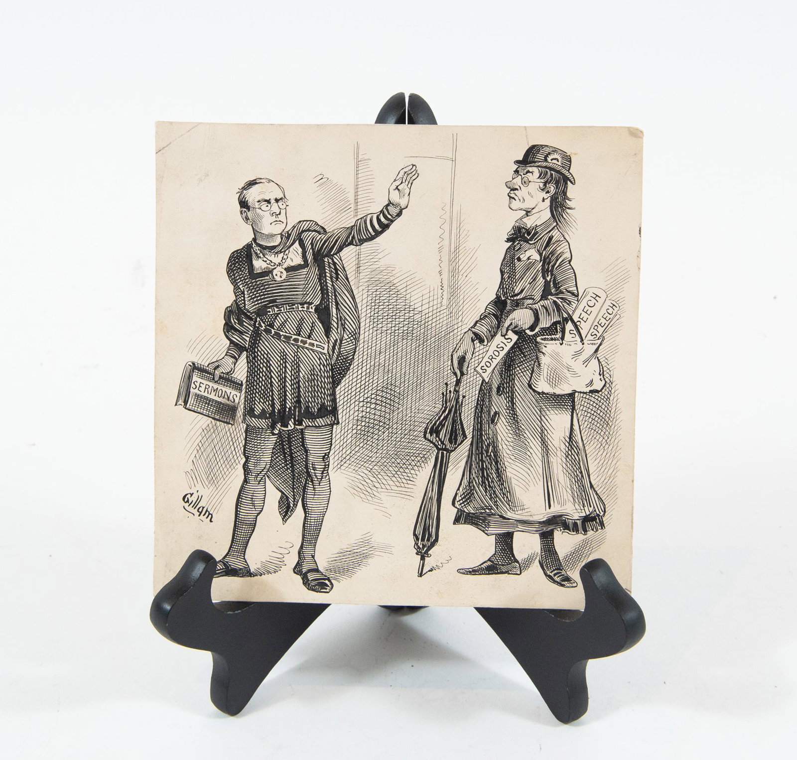 Bernhard Gillam Pen Ink Temperance Cartoon: Bernhard Gillam (British-American, 1856-1896) pen and ink on cardstock, Temperance Satirical Cartoon, late 19th century. Cartoon depicts a man dressed in pseudo-medieval tunic, hose, and a cloak holdi