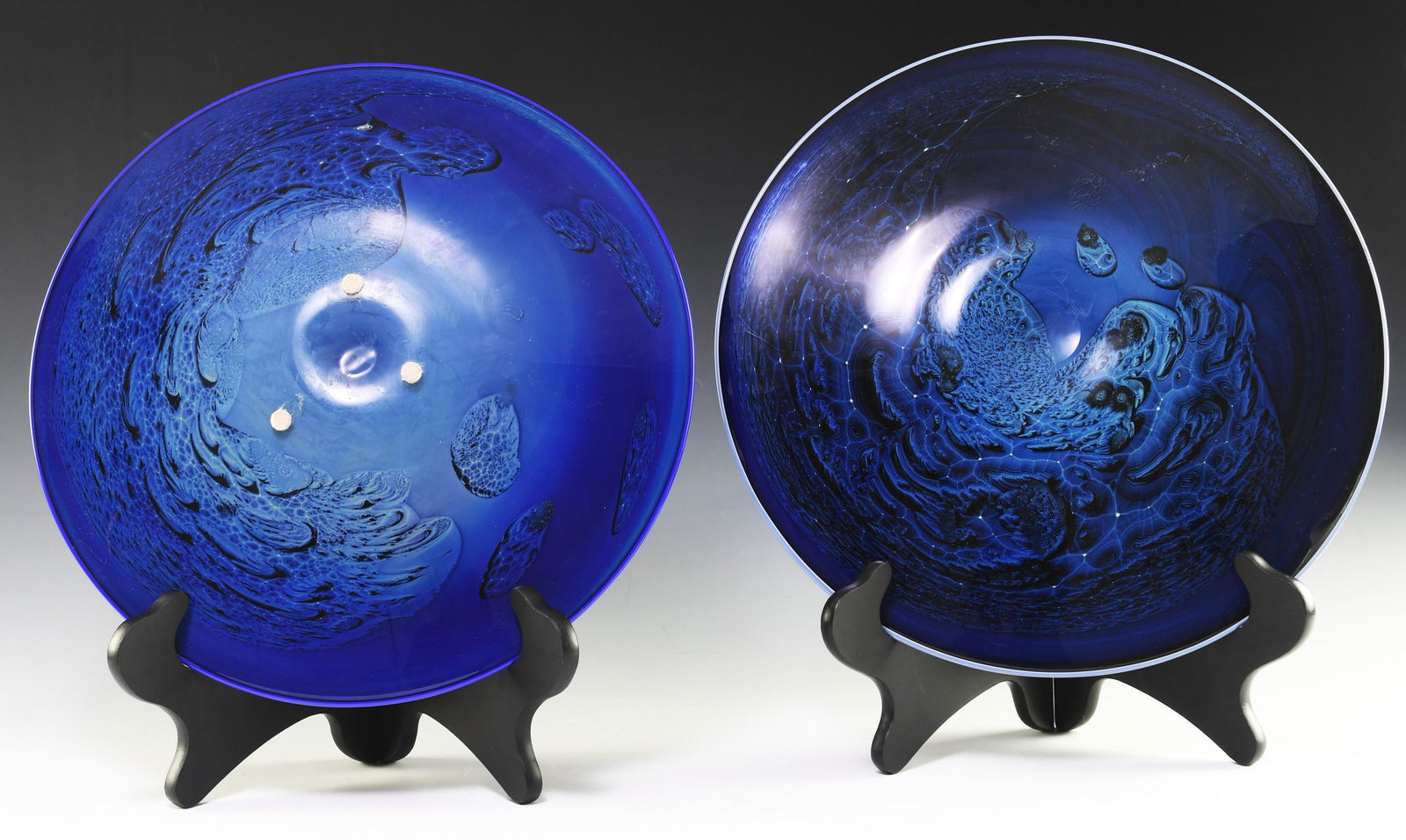 (2) Josh Simpson Art Glass Bowls: (2) Josh Simpson (American, b. 1949) swirled blue-green art glass bowls, late 20th-early 21st century. Signed on underside with date or production number: on larger bowl, "9.128.04" and on smaller bow