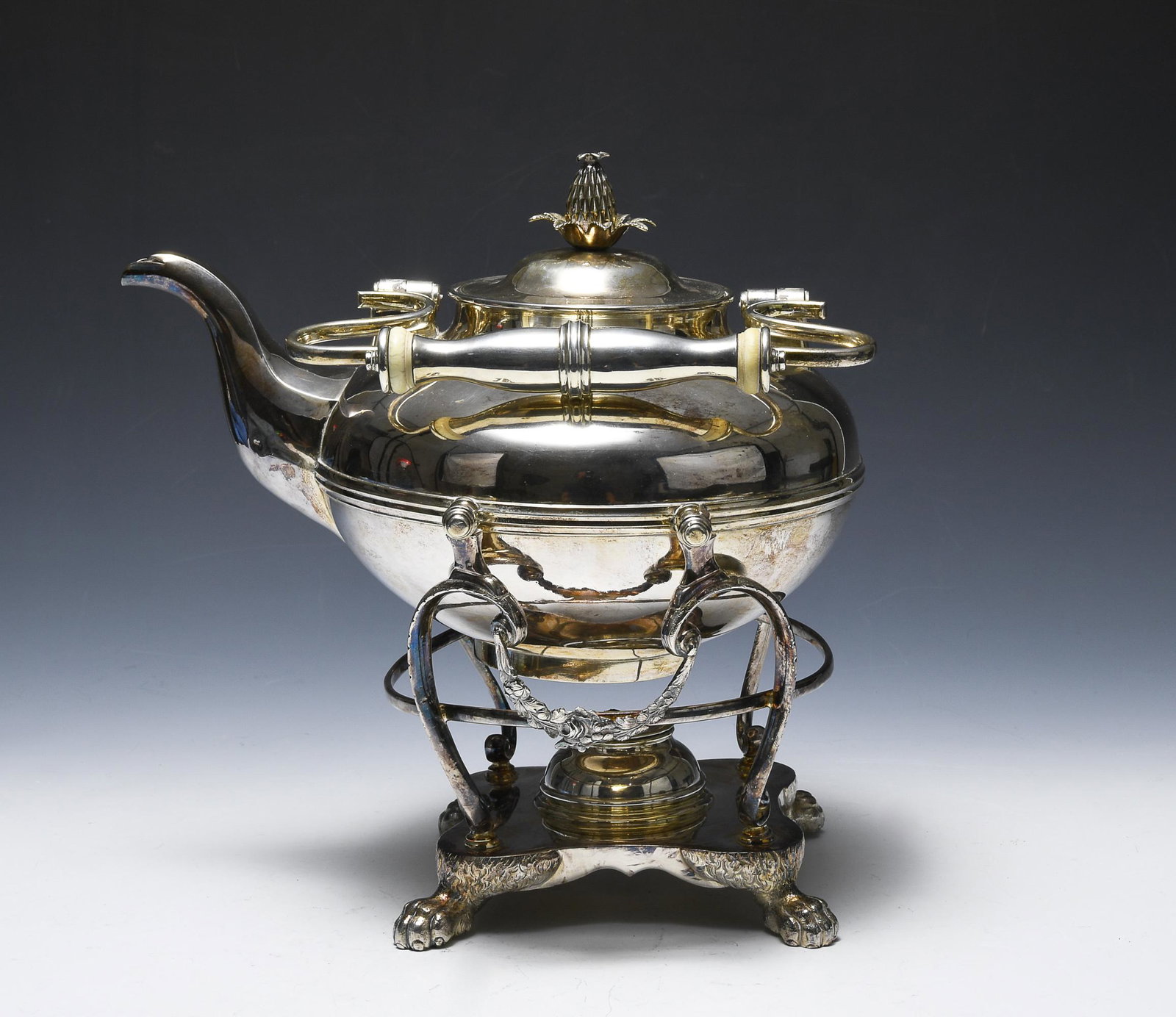 Jones, Lows & Ball Coin Silver Tea Kettle, Burner: Jones, Lows & Ball coin silver tea kettle with stand and burner, American, circa 1835. Lid crested with pineapple finial, handle of tea kettle braced with bone inserts at either end. Kettle marked on 