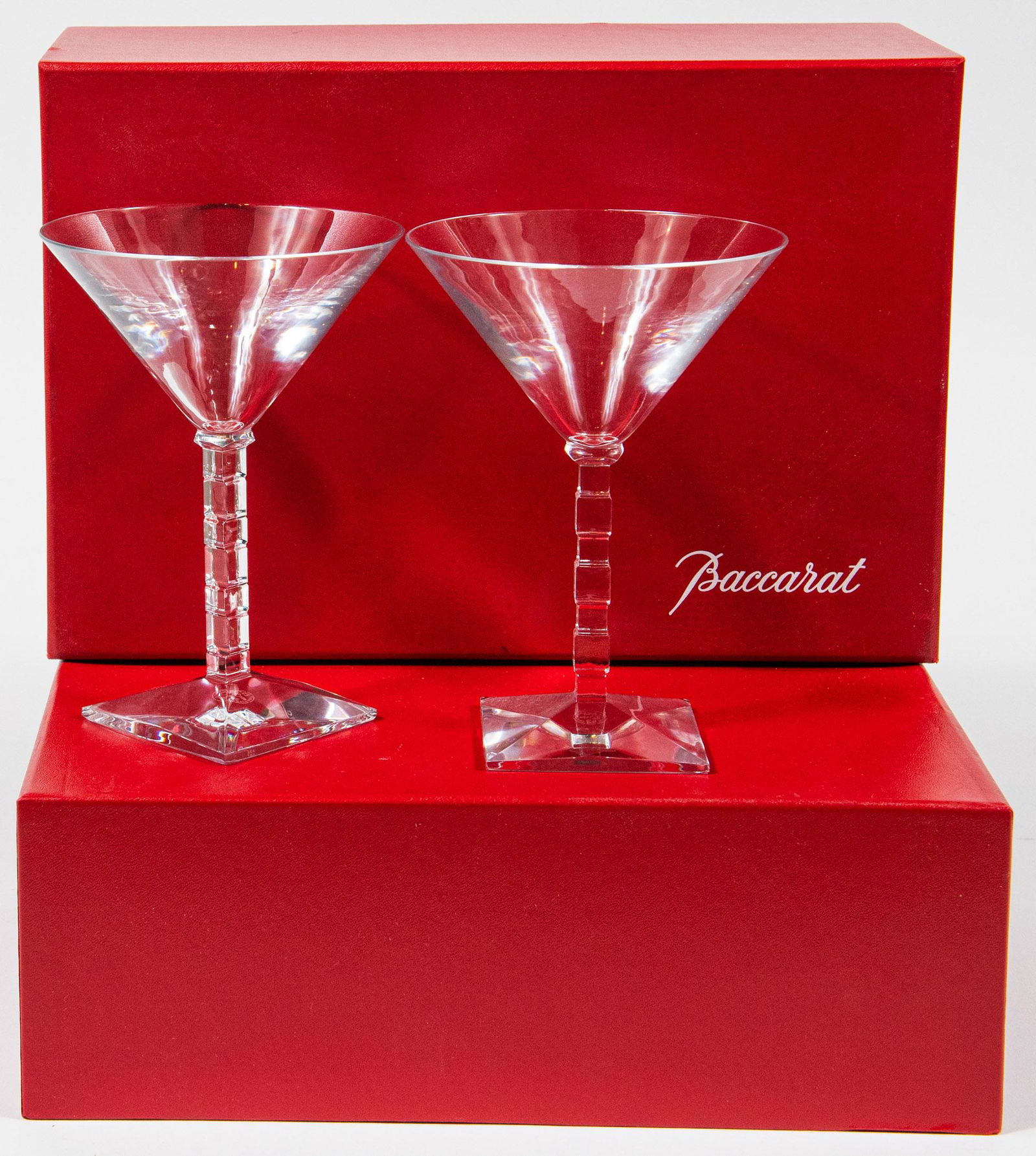 Boxed Pair Baccarat Cube Martini Glasses: Boxed pair of clear baccarat cube martini glasses, French, 20th century. A limited release set by designer Thomas Bastide. Signed on base. Dimensions are: 6 1/2 inches tall X 4 3/4 inches diameter. Al