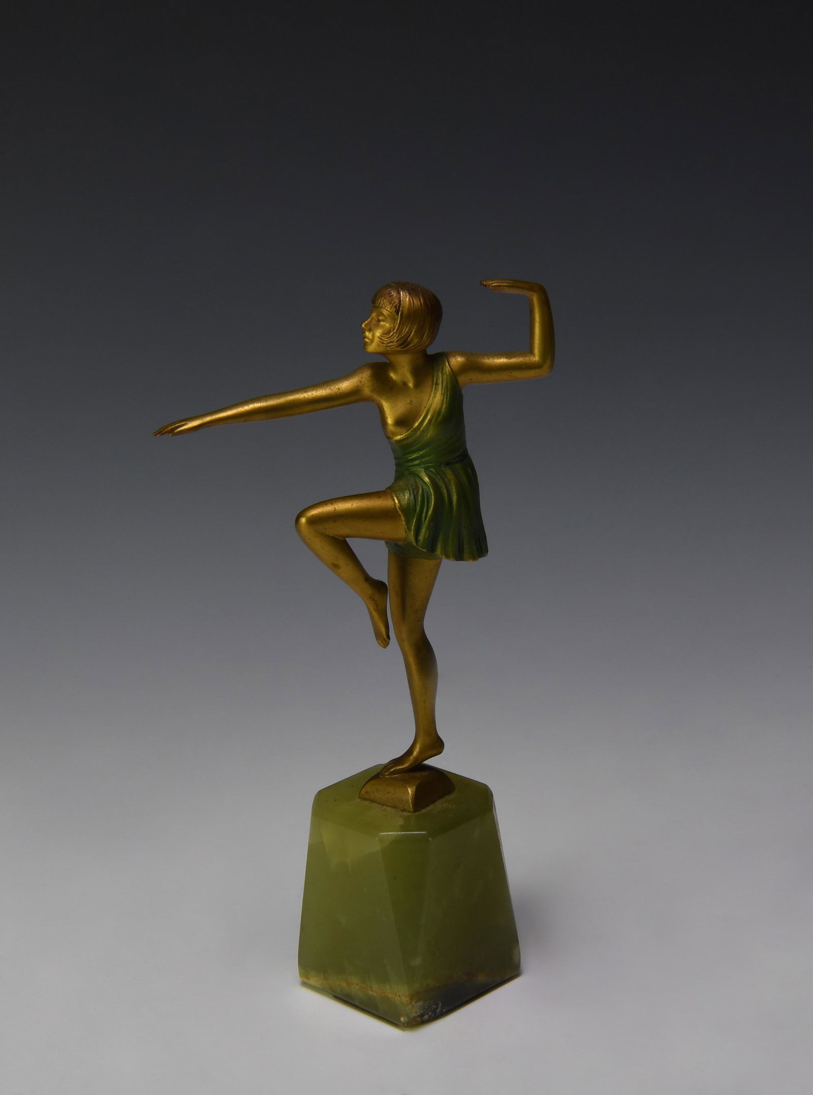 Art Deco Cold Painted Bronze Signed Mara: Antonin Mara (Czech, 1877-1946), Art Deco cold painted bronze figure of a dancer standing on one leg. Signed Mara on pedestal and retains Mara sticker on base. Mounted on a green stone base. Dimension