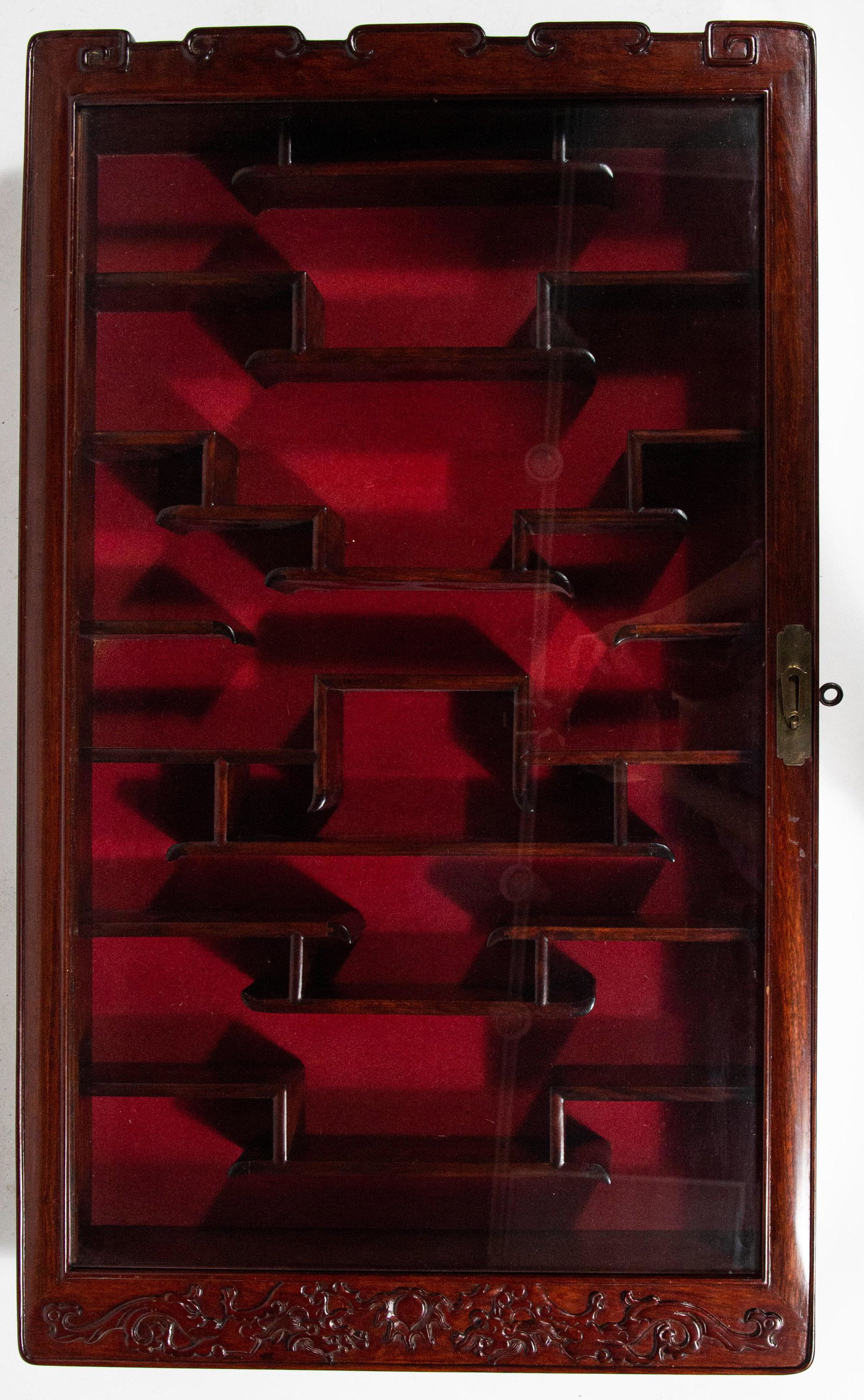 Chinese Rosewood Cabinet: Chinese rosewood cabinet: The cabinet is decorated with two dragons chasing the flaming pearl. There is a glass door on the cabinet. It comes with a key to lock the door and two hooks to hang the cabi