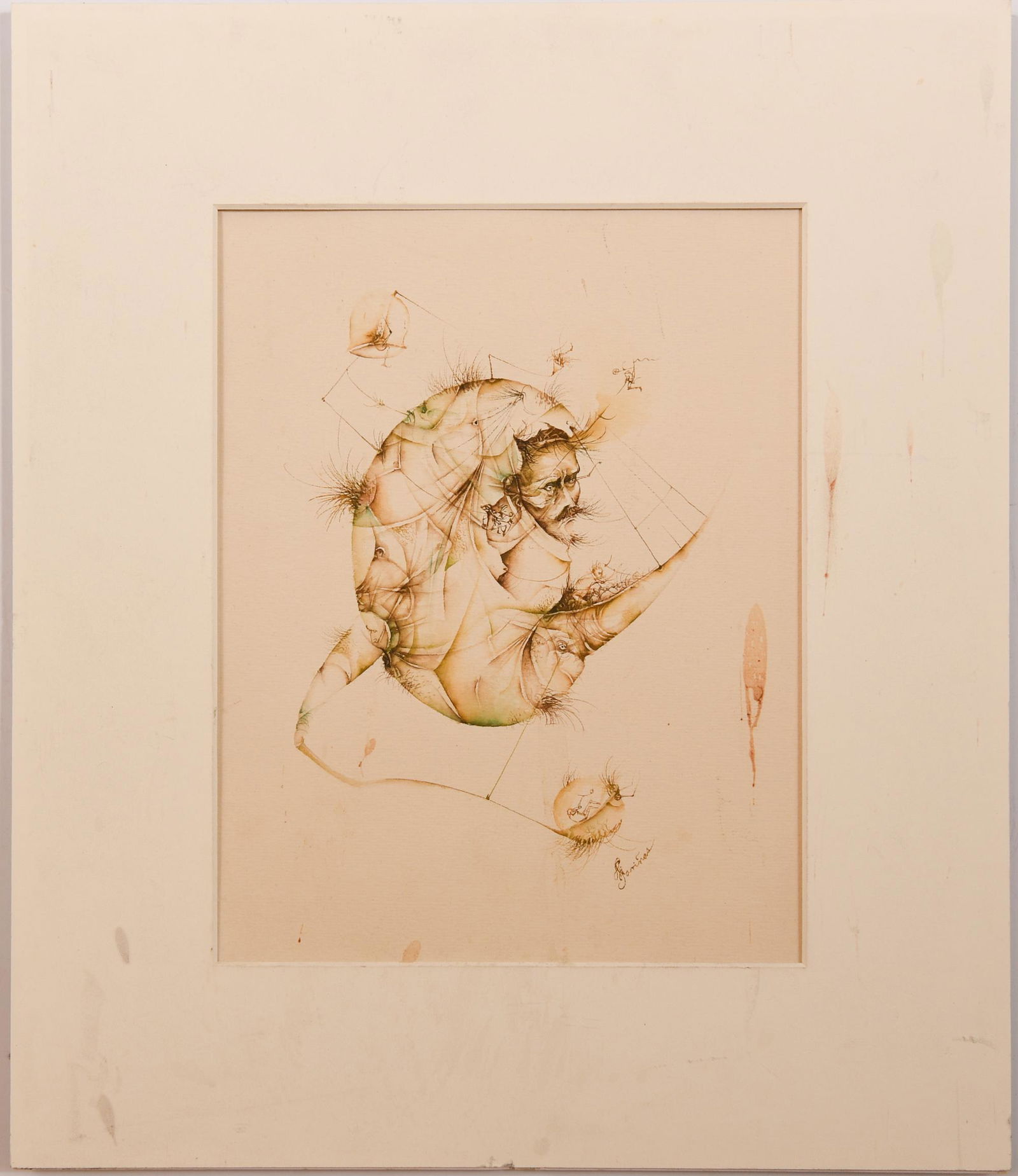 Jose Luis Farinas Abstract Ink & Watercolor: Jose Luis Farinas (Cuban, b. 1972), ink and watercolor on paper, possibly depicting an abstract interpretation of the Man in the Moon, early 21st century. Dimensions are: 10 1/4 inches wide X 12 3/4 i