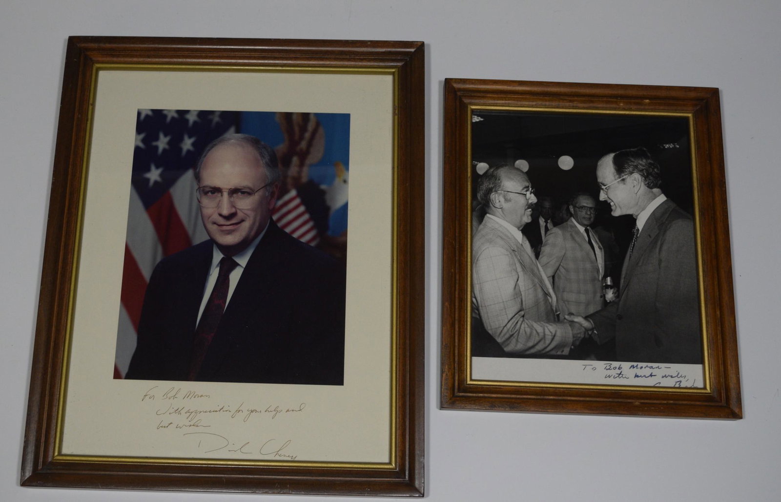 (2) GHW Bush & Dick Cheney Autographed Photos: (2) GHW Bush & Dick Cheney autographed photos: a) photograph of George Herbert Walker Bush shaking hands with Bob Moran, signed and inscribed by Bush to Moran; b) portrait of Dick Cheney, signed and i