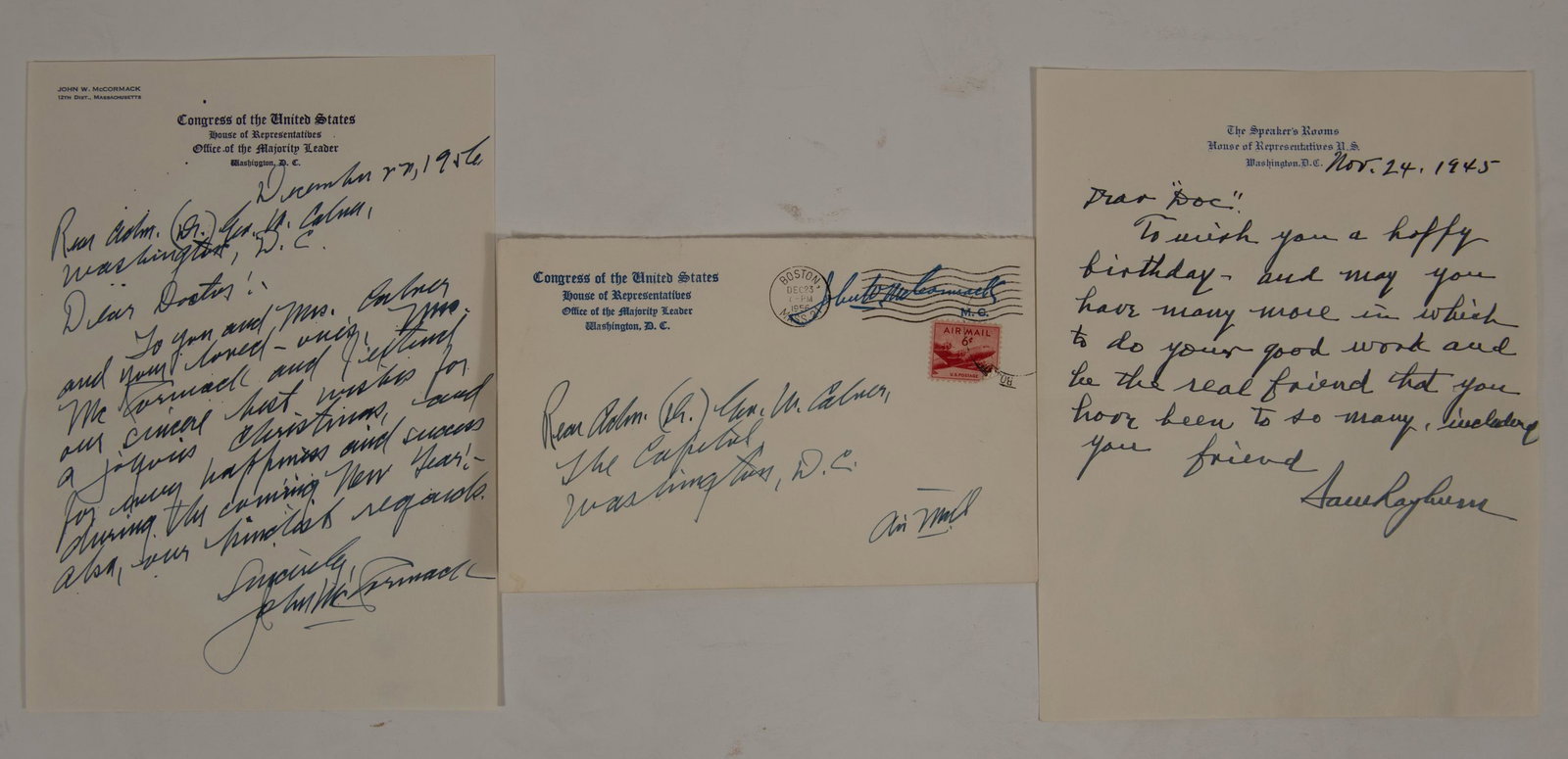 (2) Sam Rayburn & John W McCormack ALS: Historical letters: a) John W. McCormack as Majority Leader dated December 22, 1956 signed hand-written note to Dr. Calver with Christmas wishes in original franked envelope. b) Hand-written note from