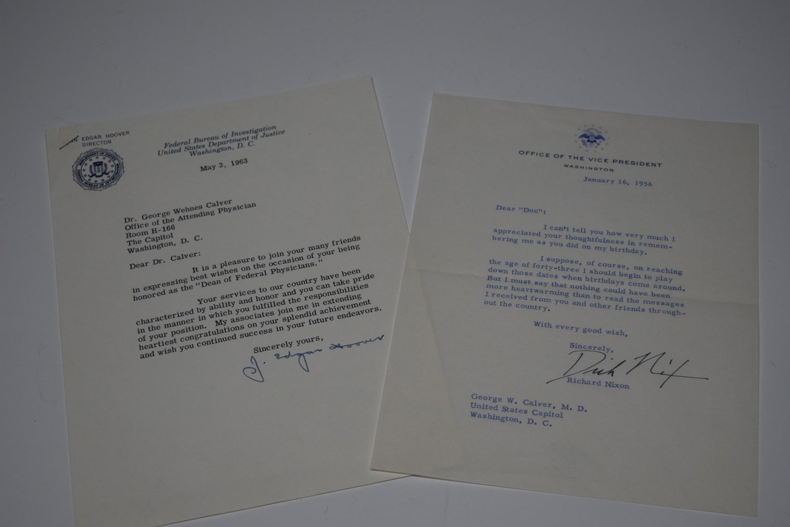 (2) Richard Nixon & J. Edgar Hoover TLS: TLS from Vice President Richard Nixon: a) dated January 16, 1956 to Dr. Calver thanking him for birthday wishes. TLS from J. Edgar Hoover, b) dated May 3, 1963 on FBI letterhead congratulating him for