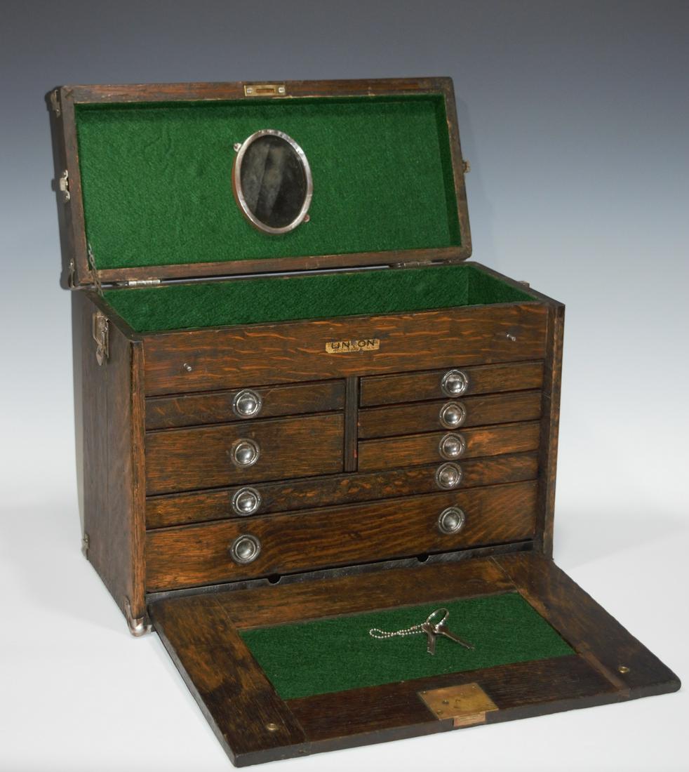 Antique Union Oak Machinist Tool Chest: Antique Union oak machinist tool chest: made by Union Tool Chest Works, complete with original keys. Side clasps release top which is felt lined with mirror frame on lid. front panel with locking mech