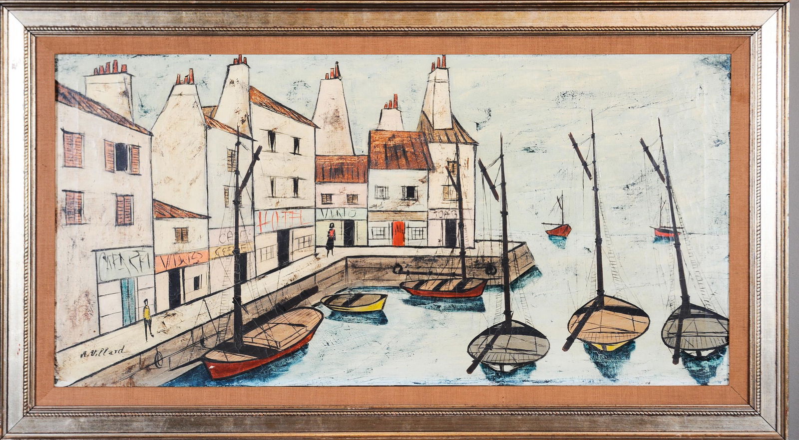 Oil on Canvas, Harbor Scene - Antoine Villard: Antoine Villard (French, 1867-1934) painting of a harbor scene. Signed in lower left of painting 'A. Villard'. Dimensions are: canvas - 39.875 inches wide X 20 inches tall, overall - 46.25 inches wide