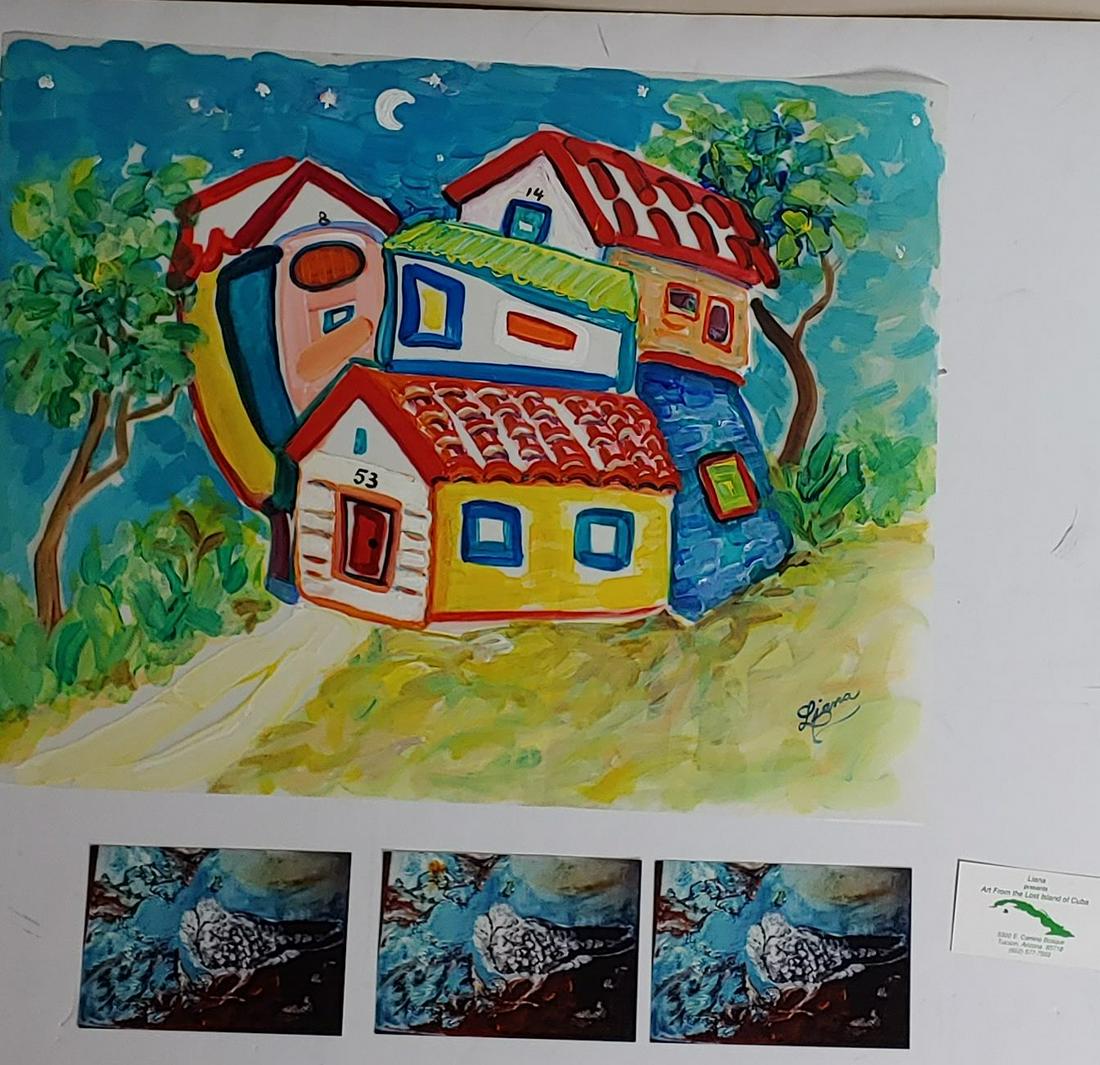 Liana Fernandez de Castro Cuban Painting: Liana Fernandez de Castro - Phibbs (American, Cuban, 2011): Acrylic on acetate depicting several brightly colored houses in a night sky. Signed on the face by the artist. Dimensions are: 17 inches tal