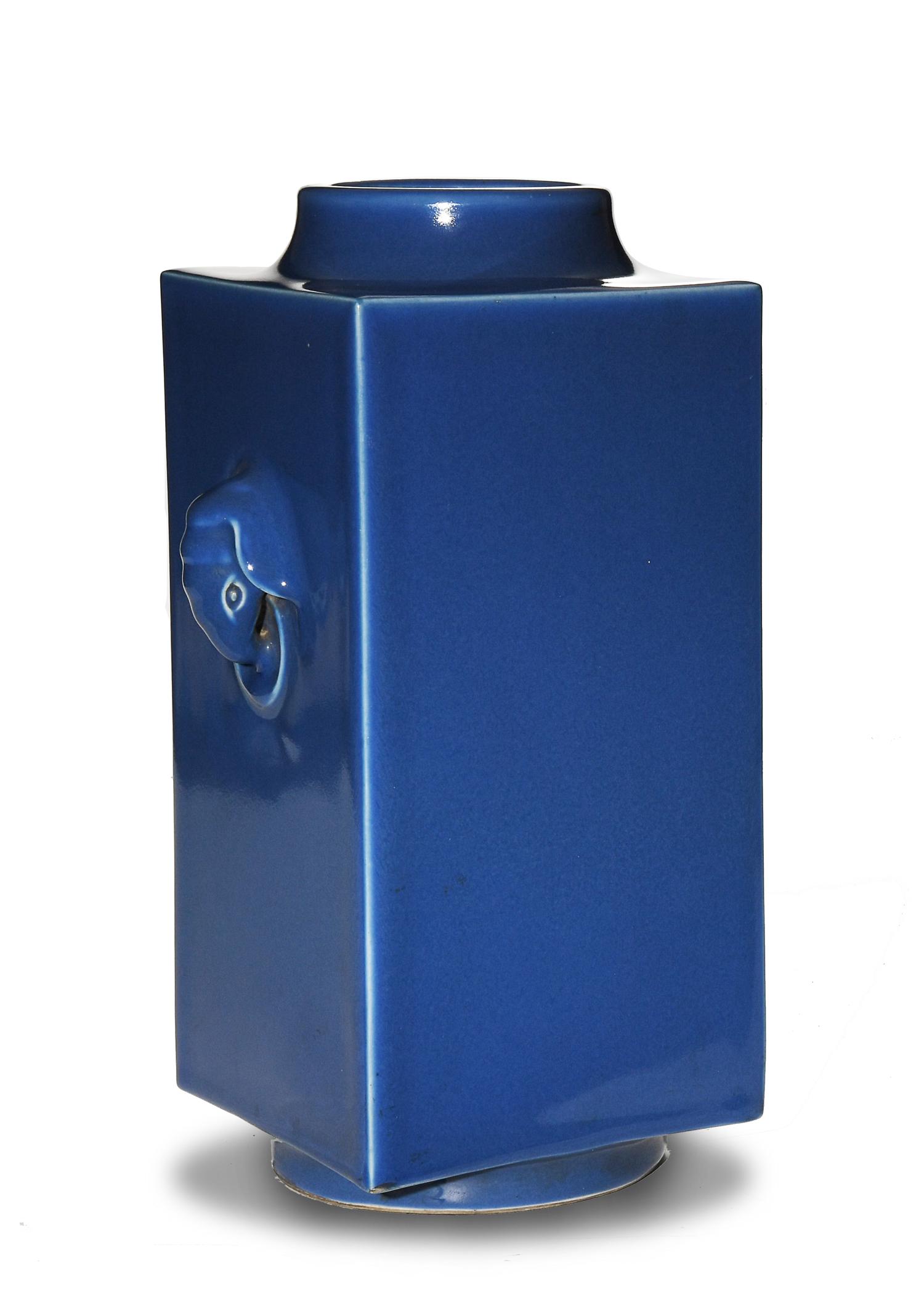 Imperial Blue Glazed Square Vase, Guangxu: An Imperial Chinese blue glazed porcelain cong vase dating from the Guangxu period. The vase has elephant heads with engaged rings on the shoulders, and there is a 6-character Guangxu mark on the bott