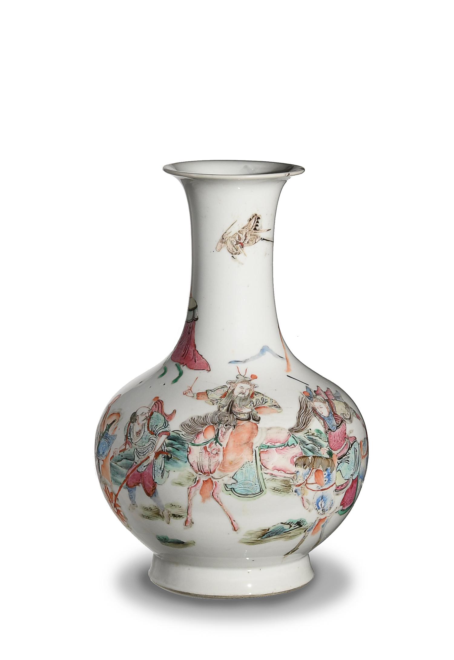 Chinese Famille Rose Vase with Fight Scene, 19th: A Chinese famille rose porcelain vase with a flared rim dating from the 19th century. There is a crane on the neck and the body features 4 figures engaged in a battle in a landscape. Dimensions are: 1