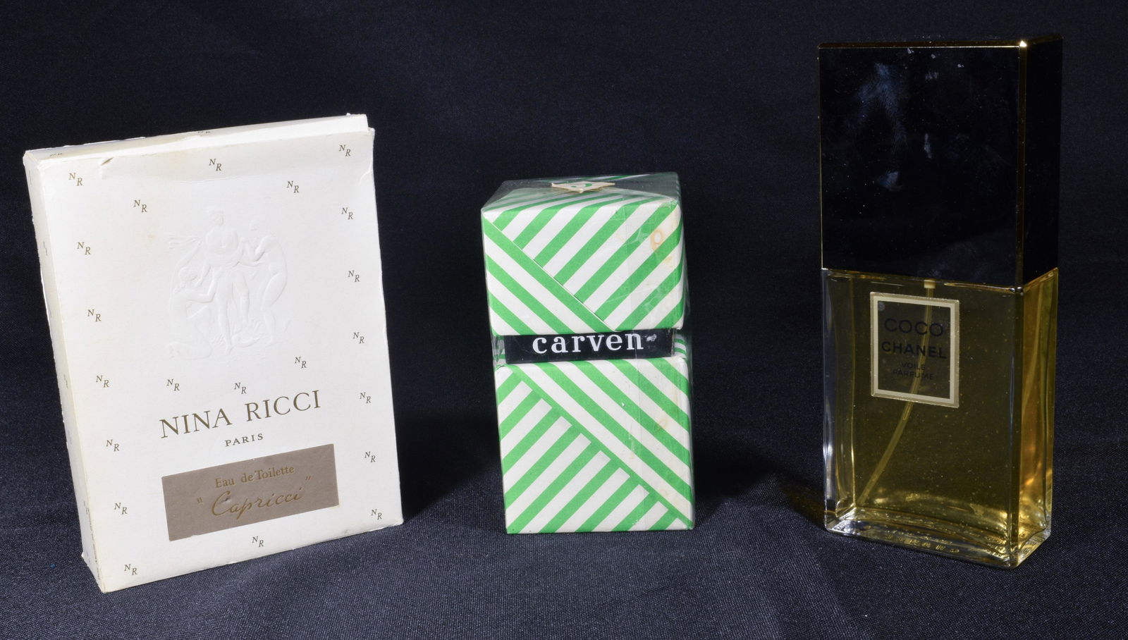 (3) Unused Fine French Perfumes, Chanel, Ricci Etc: (3) unused fine French perfumes, Chanel, Ricci, etc. Including: a) Ma Griffe, Carven perfume still in the box and wrapped in plastic, probably 1 oz size; Coco Chanel 3.4 oz body mist, not boxed; c) Ni