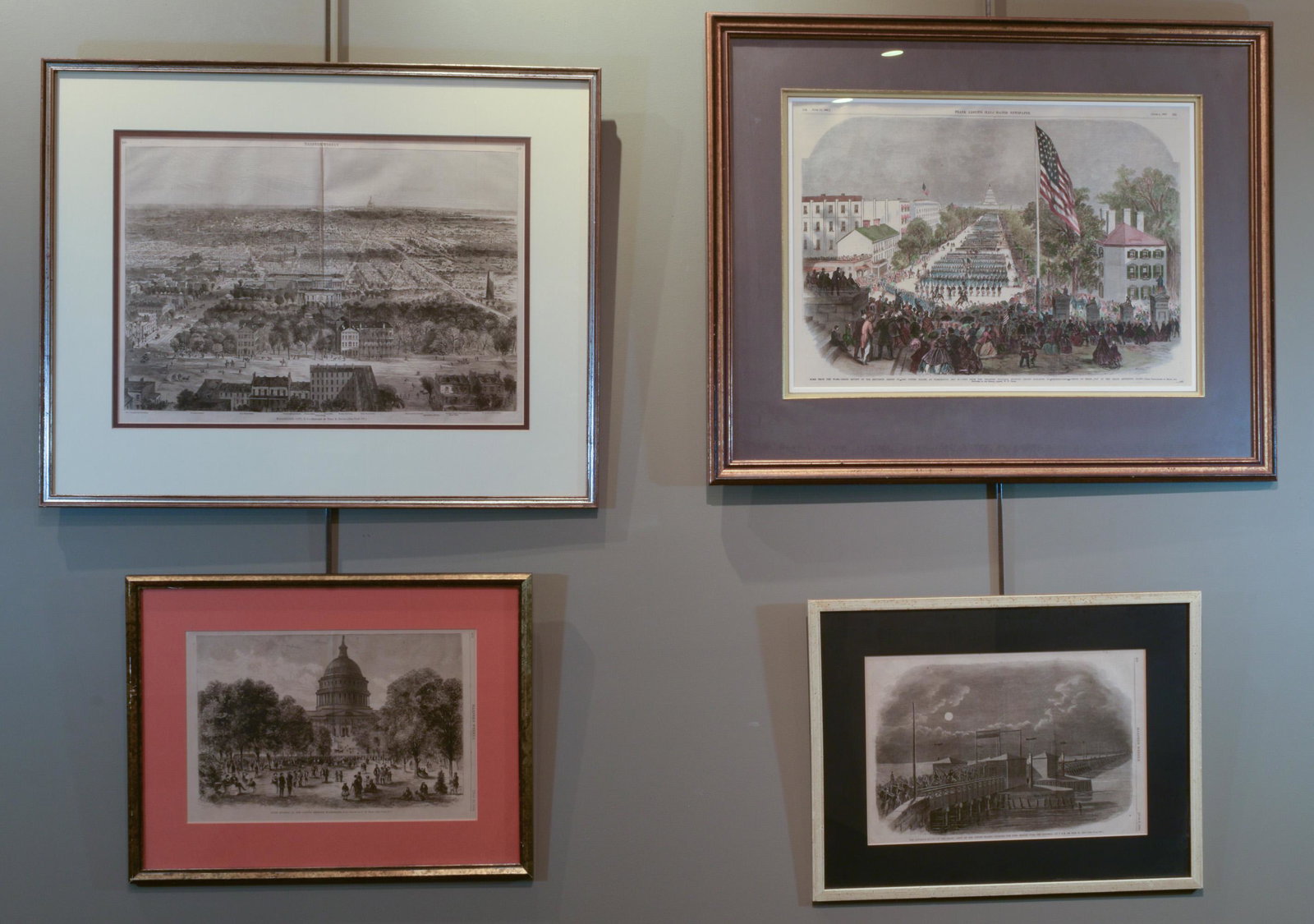 (4) Civil War Engravings, Harpers & F. Leslie: (4) Civil War engravings, Harpers Weekly & F. Leslie, all with Washington DC imagery. Includes hand colored Frank Leslie Intaglio. Various Washington DC landmarks illustrated in etchings. Dimensions a
