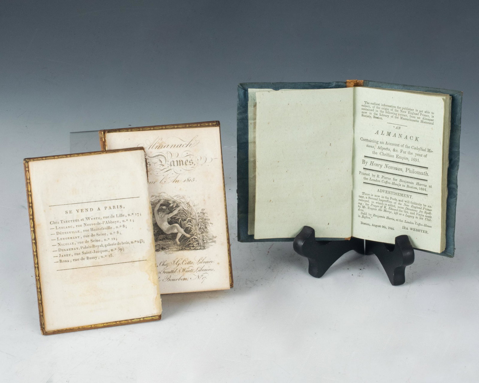(4) Antiquarian Books, 19th Century Almanacs: (4) antiquarian books: two 19th century almanacs: a) Almanach Des Dames pour l'An 1815 [ Ladies' Almanac for 1815] , printed by l'Imprimerie de Leblanc for J.G. Cotta, Tubingue [Tubingen, Germany] and