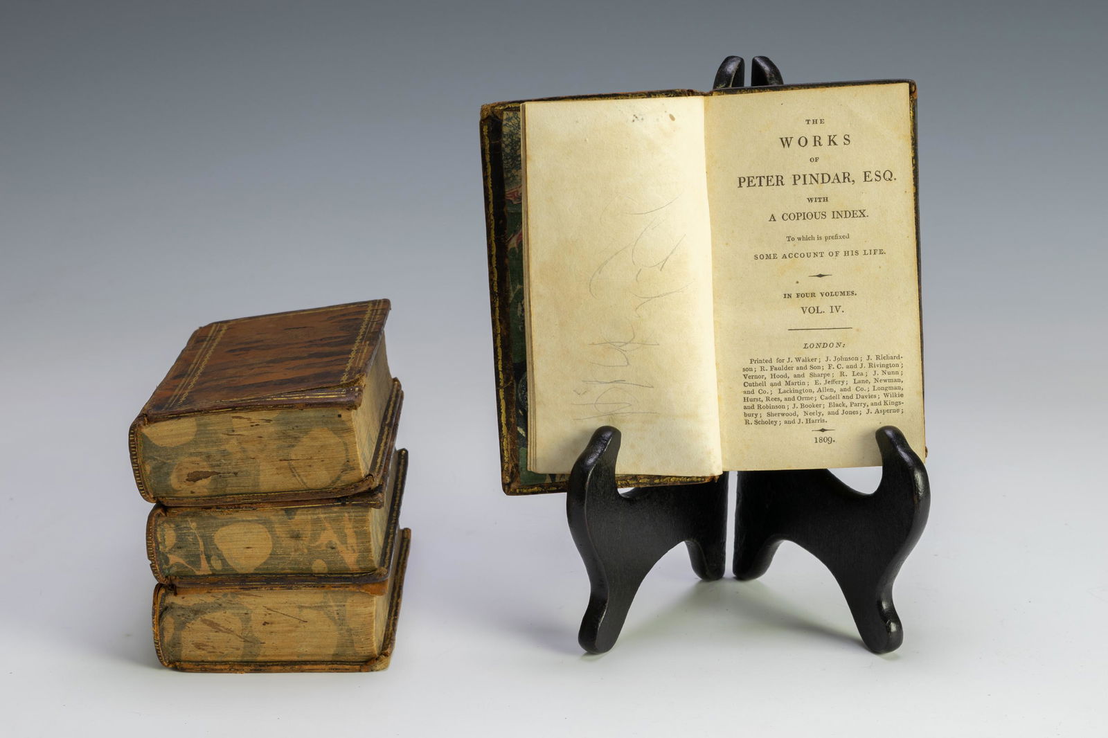 The Works of Peter Pindar, Esq. Vols. I - IV, 1809: The Works of Peter Pindar, Esq., published by J. Walker and J. Harris, London, 1809, Volumes I-IV, 501 pages, 457 pages, 473 pages, and 495 pages. Handwritten initials on inside cover pages: J G N; st