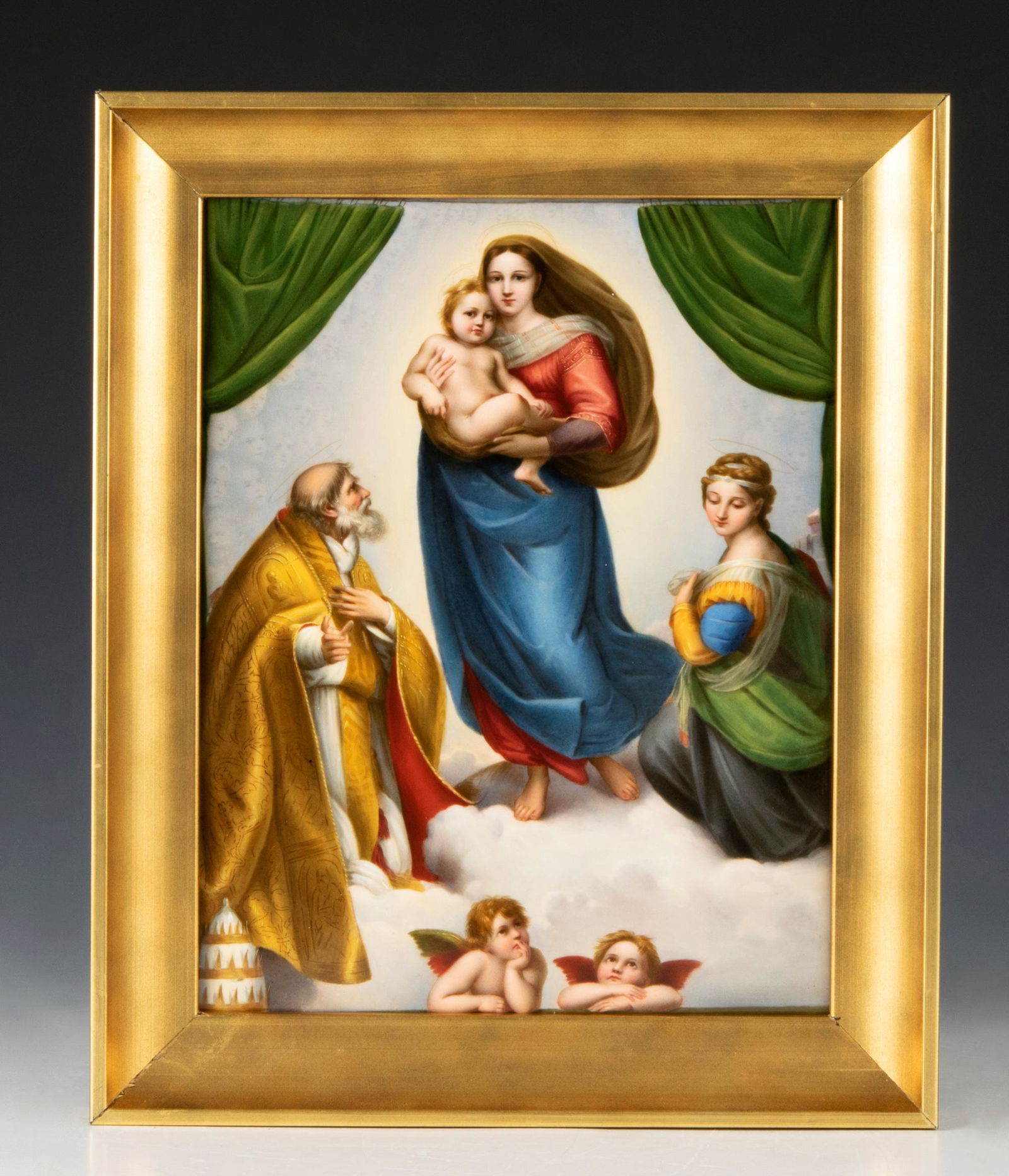 KPM Porcelain Plaque Raphael: KPM porcelain plaque after Raphael's Sistine Madonna [Madonna di San Sisto], circa 1512, depicting the Madonna and child with St. Sixtus on the left and St. Barbara on the right. Verso impressed, KPM,