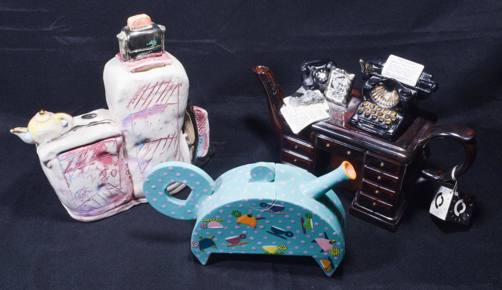 (3) Art Pottery Teapots, Jerry Barta & Lori Katz: (3) art pottery teapots, Jerry Barta and Lori Katz; also includes a teapot from Woodmanton Pottery. All teapots are signed and dated. Dimensions are: 10 inches (25.4 cm) tall X 10 inches (25.4 cm) wid
