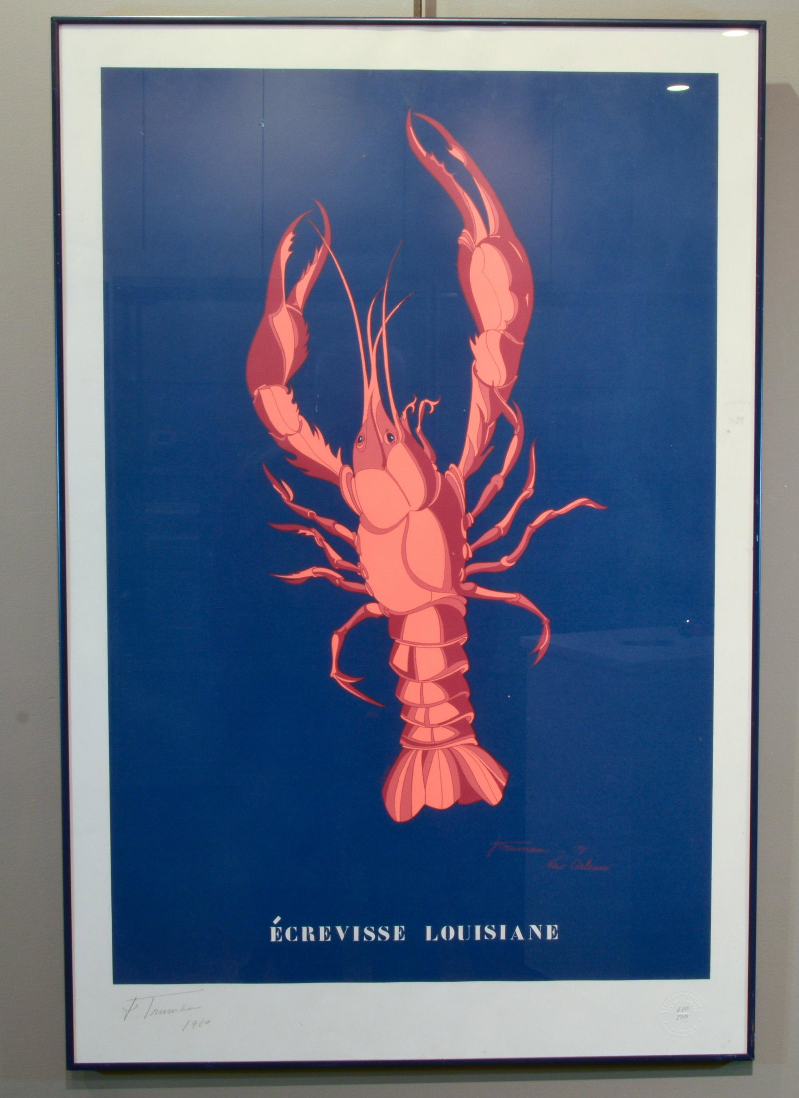 J. Truman Signed Serigraph Louisiana Crayfish 1980: J. Truman (20th century, American) serigraph or silkscreen on paper titled "Ecrevisse Louisiane (Louisiana Crayfish)." Embossed edition, hand-numbered 480 of 500, dated 1980 and signed by the artist i