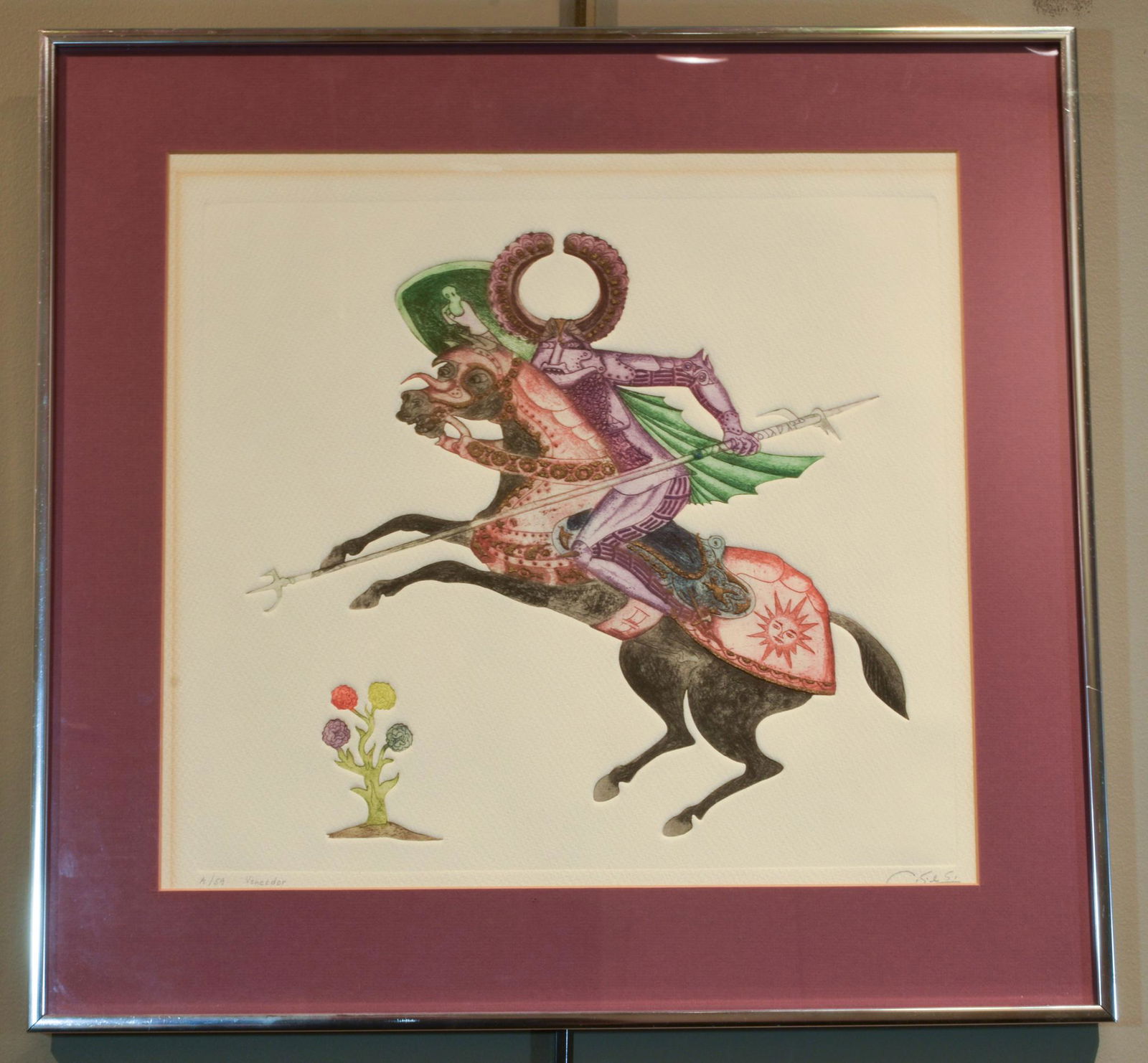 Guillermo Silva Santamaria Etching: Guillermo Silva Santamaria etching titled 'Vencedor' A/59, pencil signed lower right. Dimensions are: sight size: 15 inches tall (38.1 cm) X 16 1/4 inches (41.3 cm) wide; frame: 20 1/4 inches (51.4 cm