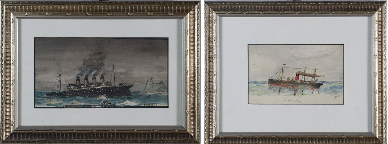 (2) A. T. Jones Watercolors of Ships inc. Titanic: Watercolors of Ships inc. Titanic, both by A. T. Jones, undated but circa 1915, the small one depicts an image of the sinking of The Titanic and dates to the period. The larger is titled " An Ocean Wa
